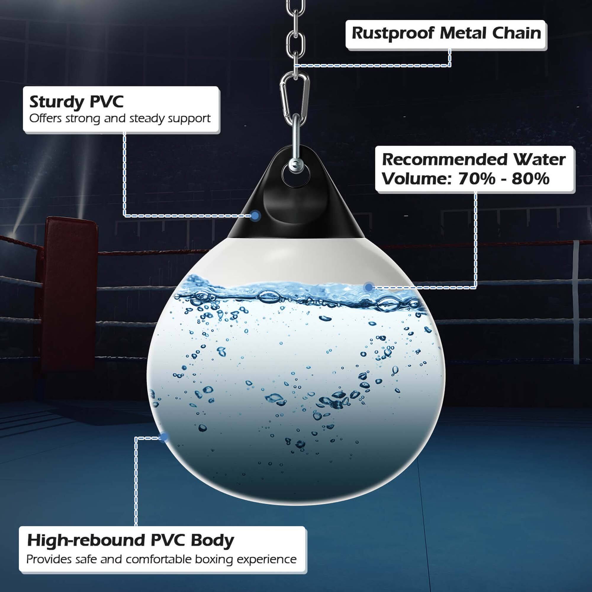 - Rustproof Metal Chain
- Sturdy PVC: Offers strong and steady support
- Recommended Water Volume: 70% - 80%
- High-rebound PVC Body: Provides safe and comfortable boxing experience
