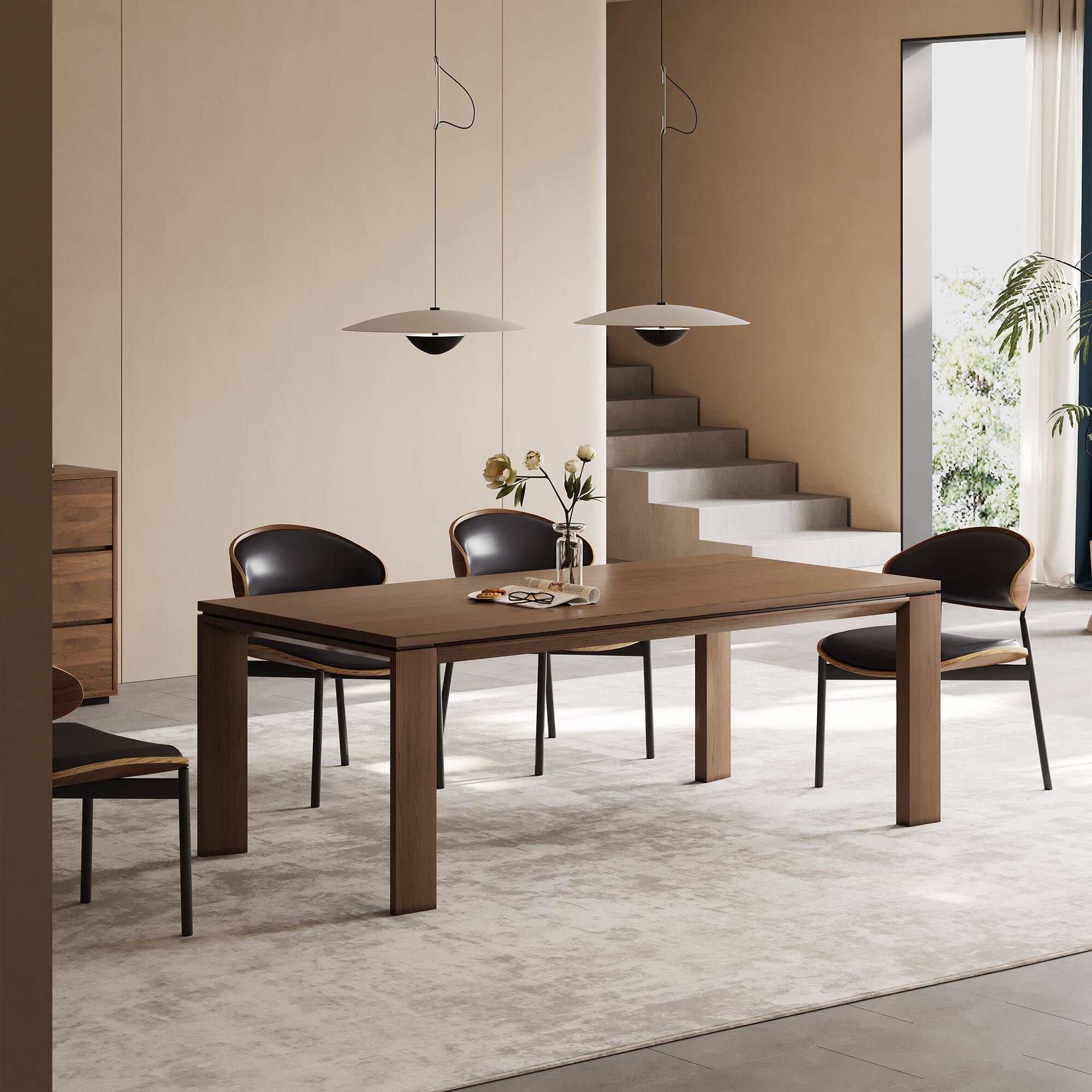 Left. luck idea - 70.86" Solid wood long dining table, suitable for 8-10 people,Modern Mid-Century Kitchen Dinner Tables - Walnut color.