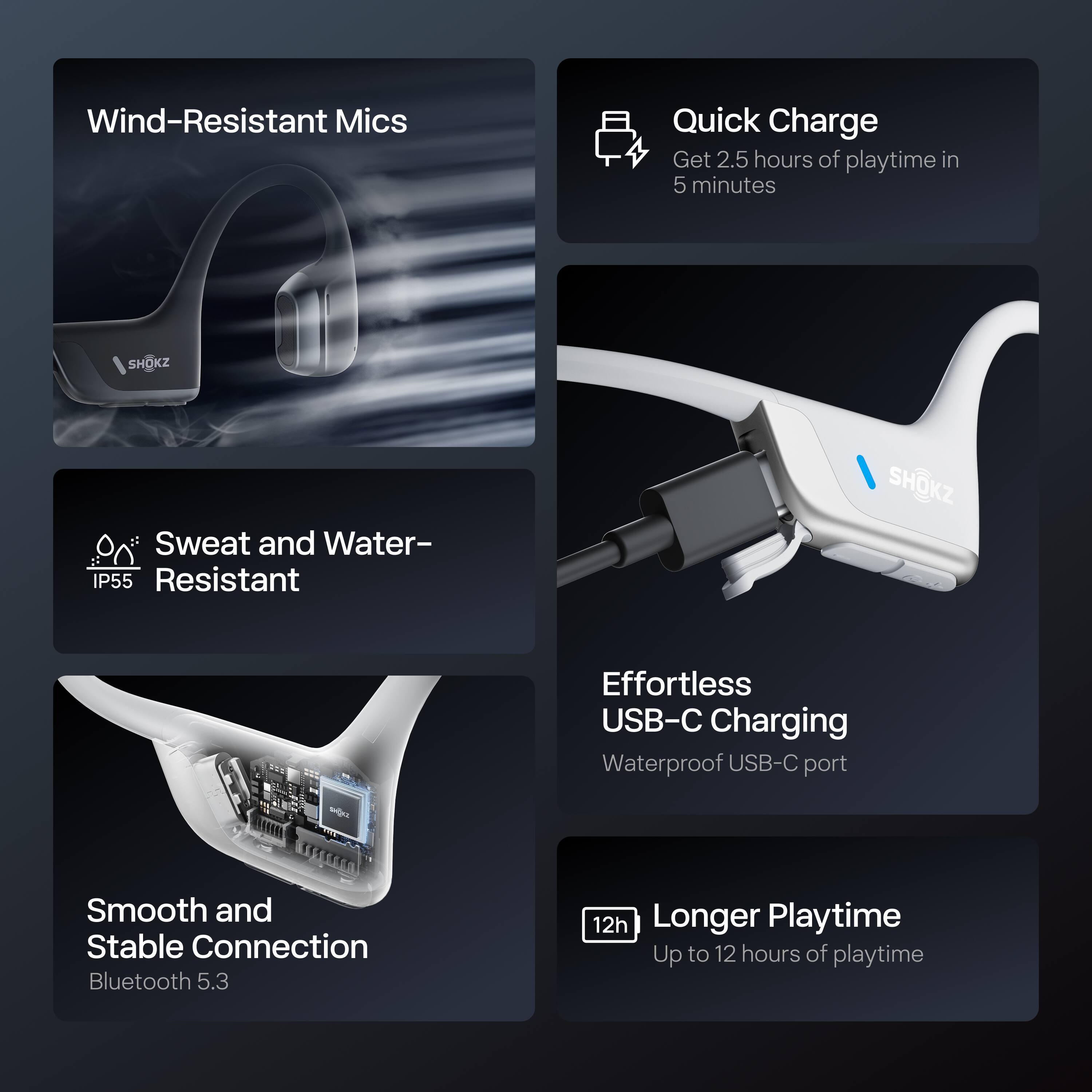 - Wind-Resistant Mics
- Quick Charge: Get 2.5 hours of playtime in 5 minutes
- Sweat and Water-Resistant (IP55)
- Effortless USB-C Charging: Waterproof USB-C port
- Smooth and Stable Connection: Bluetooth 5.3
- Longer Playtime: Up to 12 hours of playtime