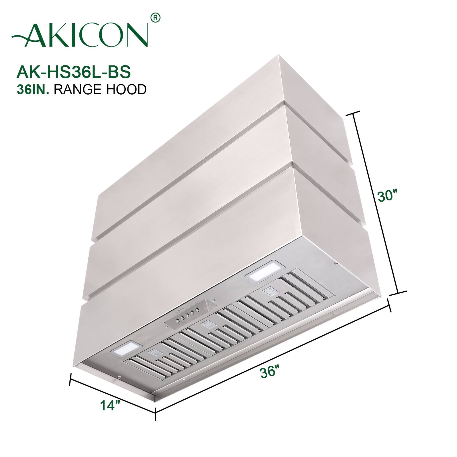 AKICON AK-HS36L-BS 36IN. RANGE HOOD  
30" x 36" x 14"