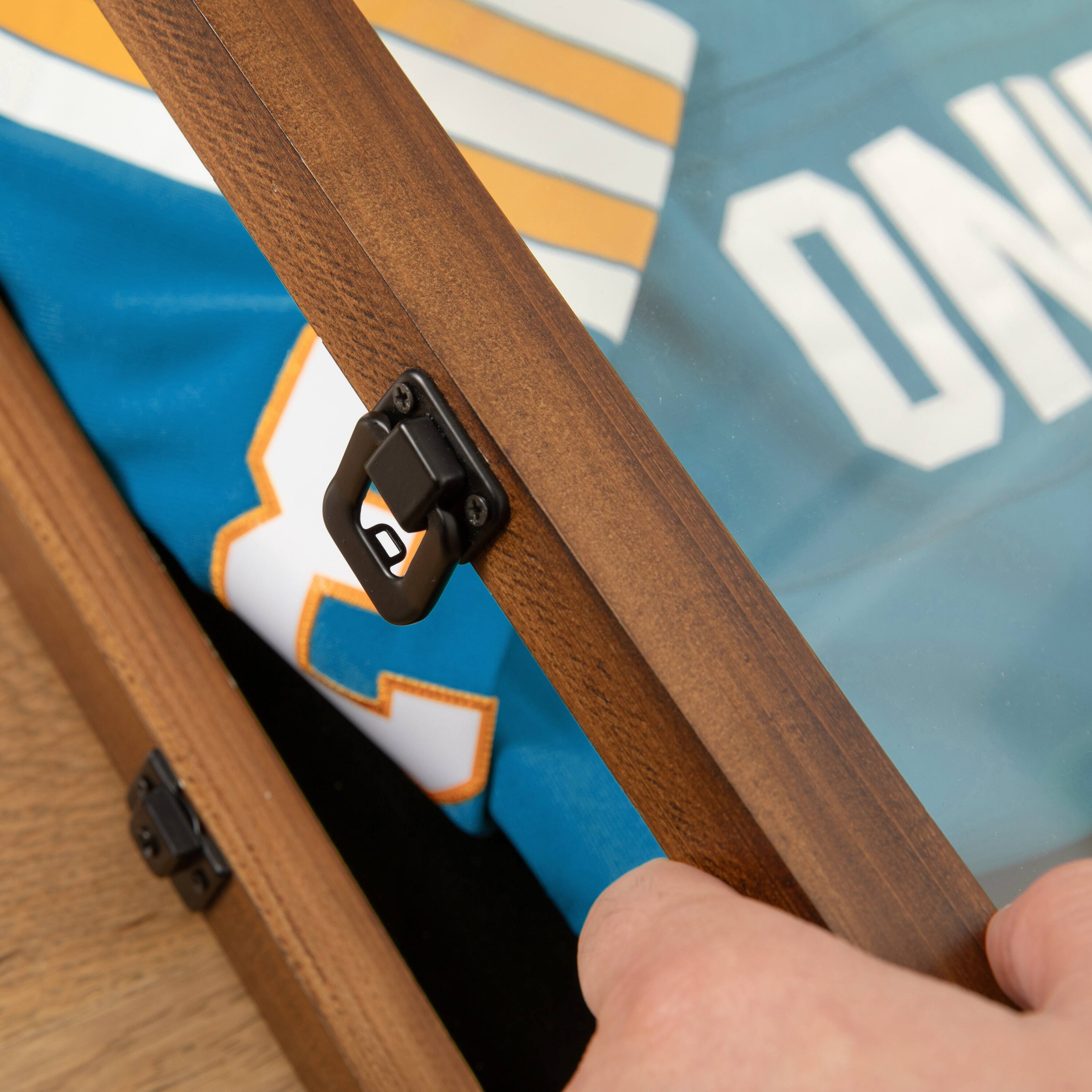 Alt View 3. Emma + Oliver - Wooden Jersey Display Case with Foam Board and Keyed Lock - Rustic Brown.