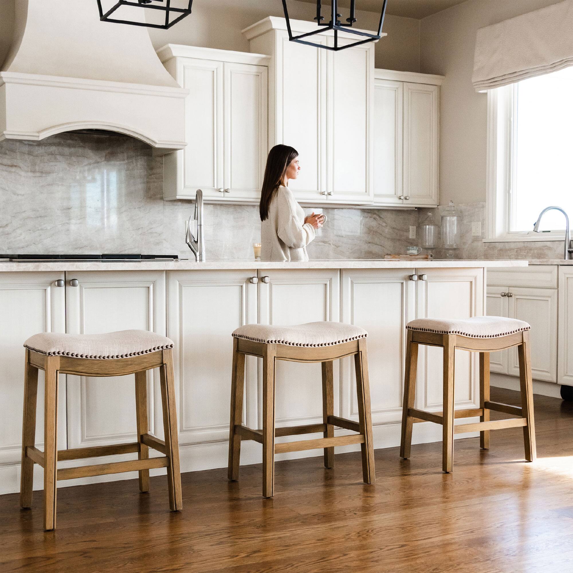 Alt View 4. Maven Lane - Maven Lane Adrien Backless Saddle Kitchen Stool, Natural Wood Finish, Set of 2 - Natural Wood.