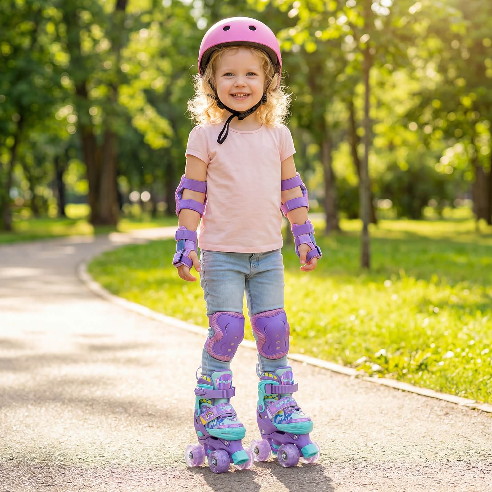 Alt View 3. Costway - Costway 4 Sizes Adjustable Quad Skates with Light-up Wheels&Safety Protection for Beginners 7C-9C - Purple.