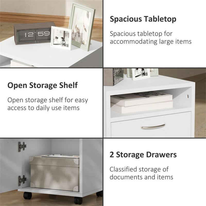 Spacious Tabletop  
12:59  
Spacious tabletop for accommodating large items  

Open Storage Shelf  
Open storage shelf for easy access to daily use items  

2 Storage Drawers  
Classified storage of documents and items
