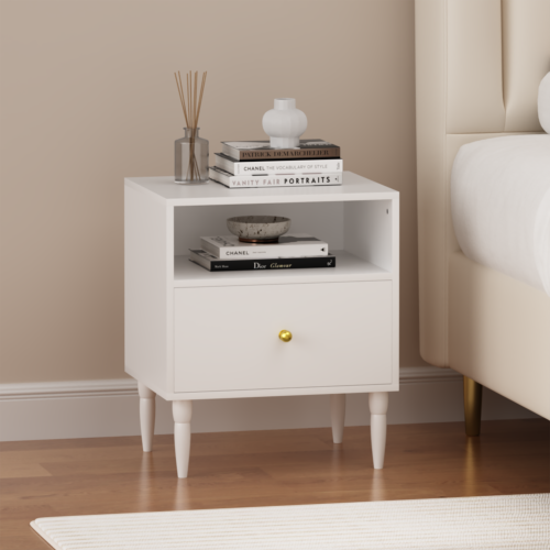 LUCKY ONE - 23.6" Assembled Nightstand 1-Drawer 1-Shelf Gold Knob - White