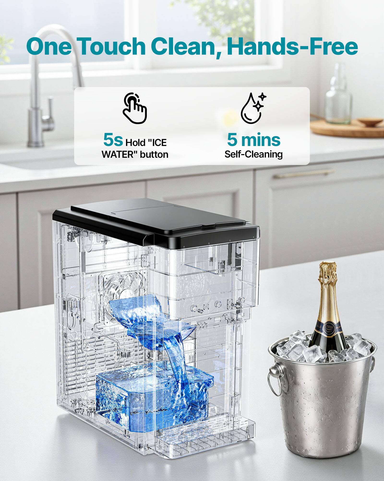 One Touch Clean, Hands-Free

5s Hold "ICE WATER" button

5 mins Self-Cleaning