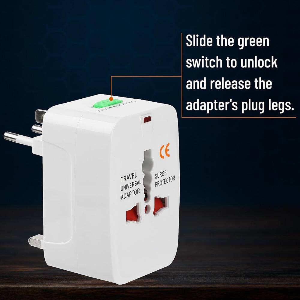 Slide the green switch to unlock and release the adapter's plug legs.

TRAVEL UNIVERSAL ADAPTOR

SURGE PROTECTOR

CE