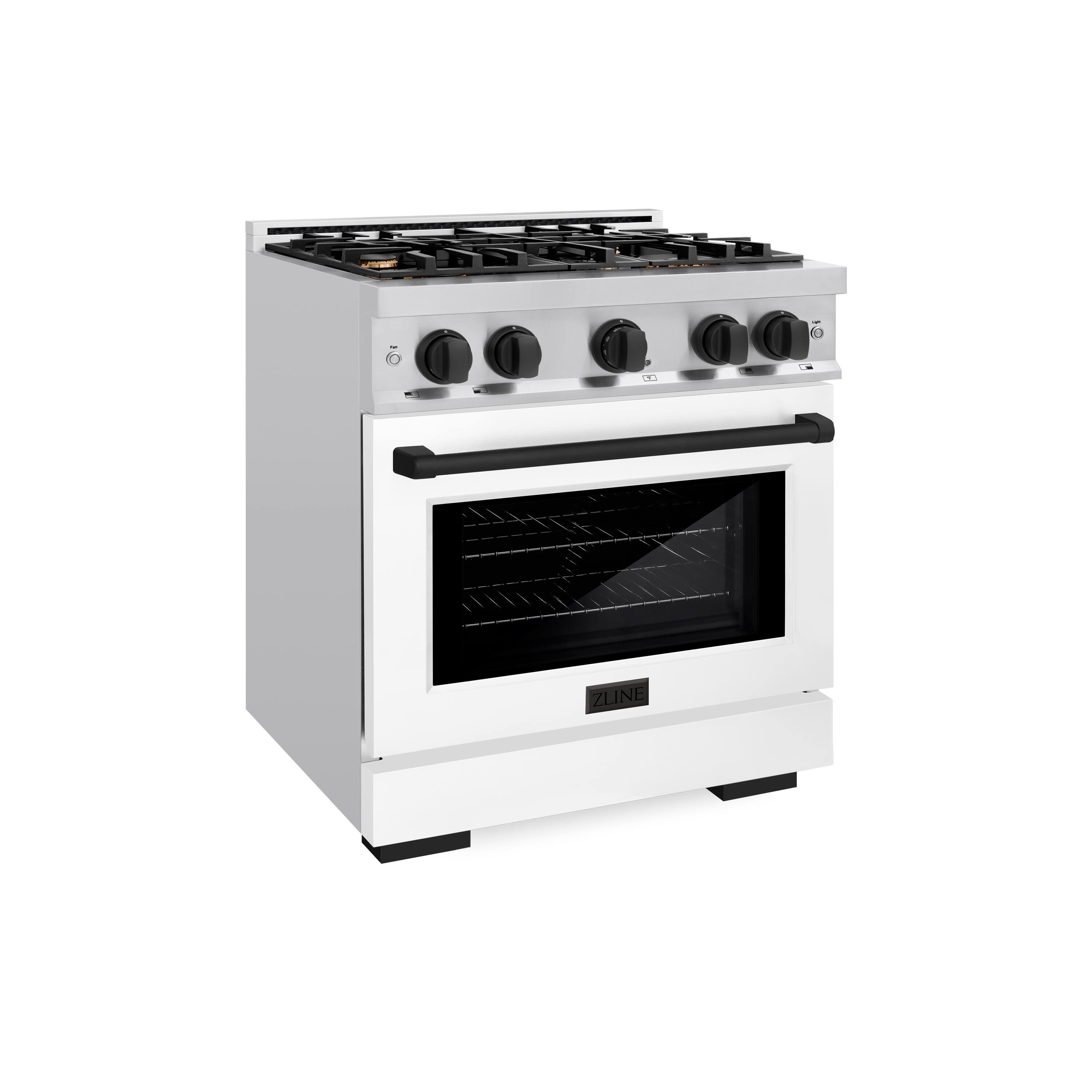 Angle. ZLINE - ZLINE Autograph 30" Freestanding Select Gas Range w/ 4 Burners & White Door w/ Black Accents (HGRZ-WM-30-MB) - Stainless Steel.