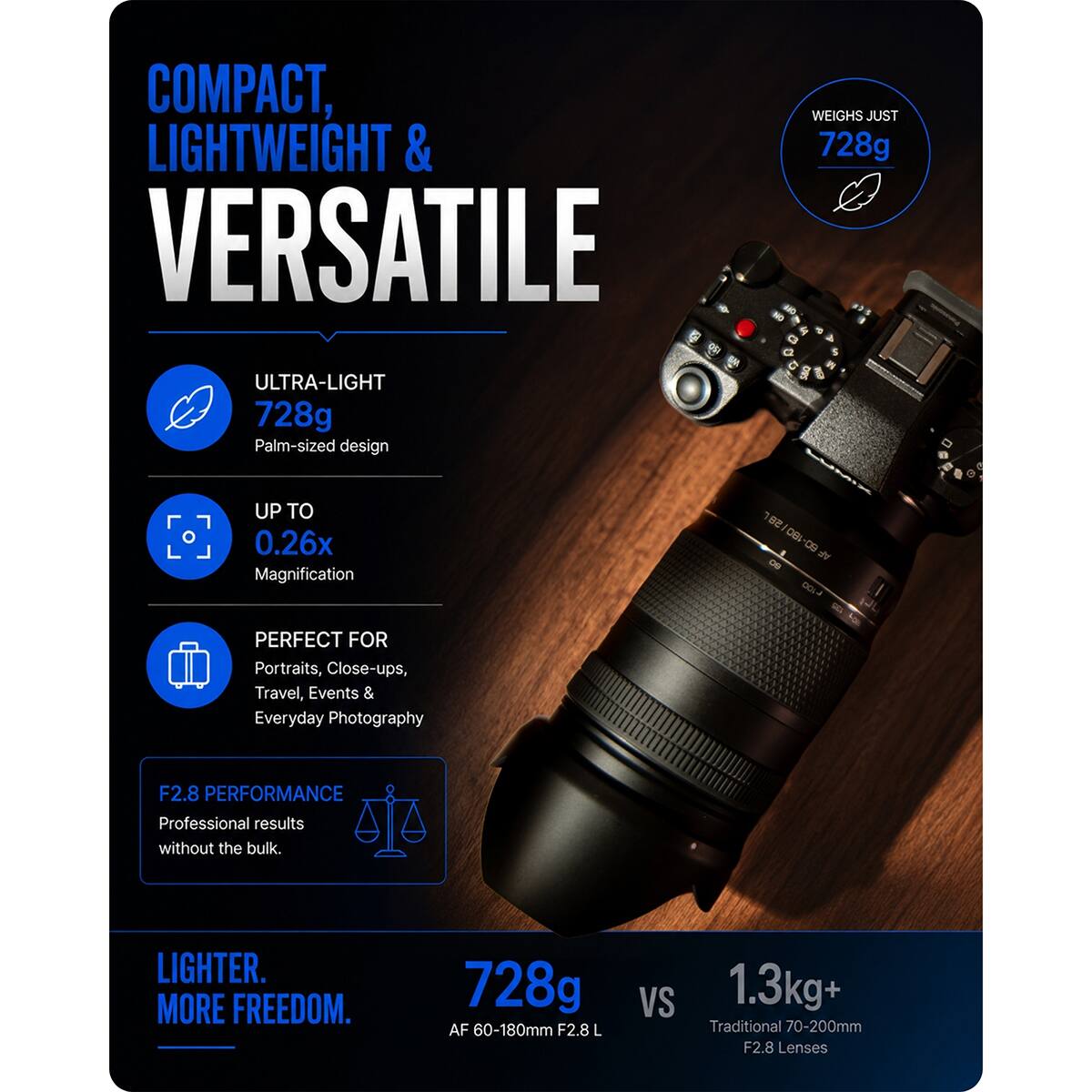 COMPACT, LIGHTWEIGHT & VERSATILE

WEIGHS JUST 728g

ULTRA-LIGHT 728g
Palm-sized design

UP TO 0.26x Magnification

PERFECT FOR
Portraits, Close-ups, Travel, Events & Everyday Photography

F2.8 PERFORMANCE
Professional results without the bulk.

LIGHTER. MORE FREEDOM.

728g AF 60-180mm F2.8L
vs 1.3kg+ Traditional 70-200mm F2.8 Lenses