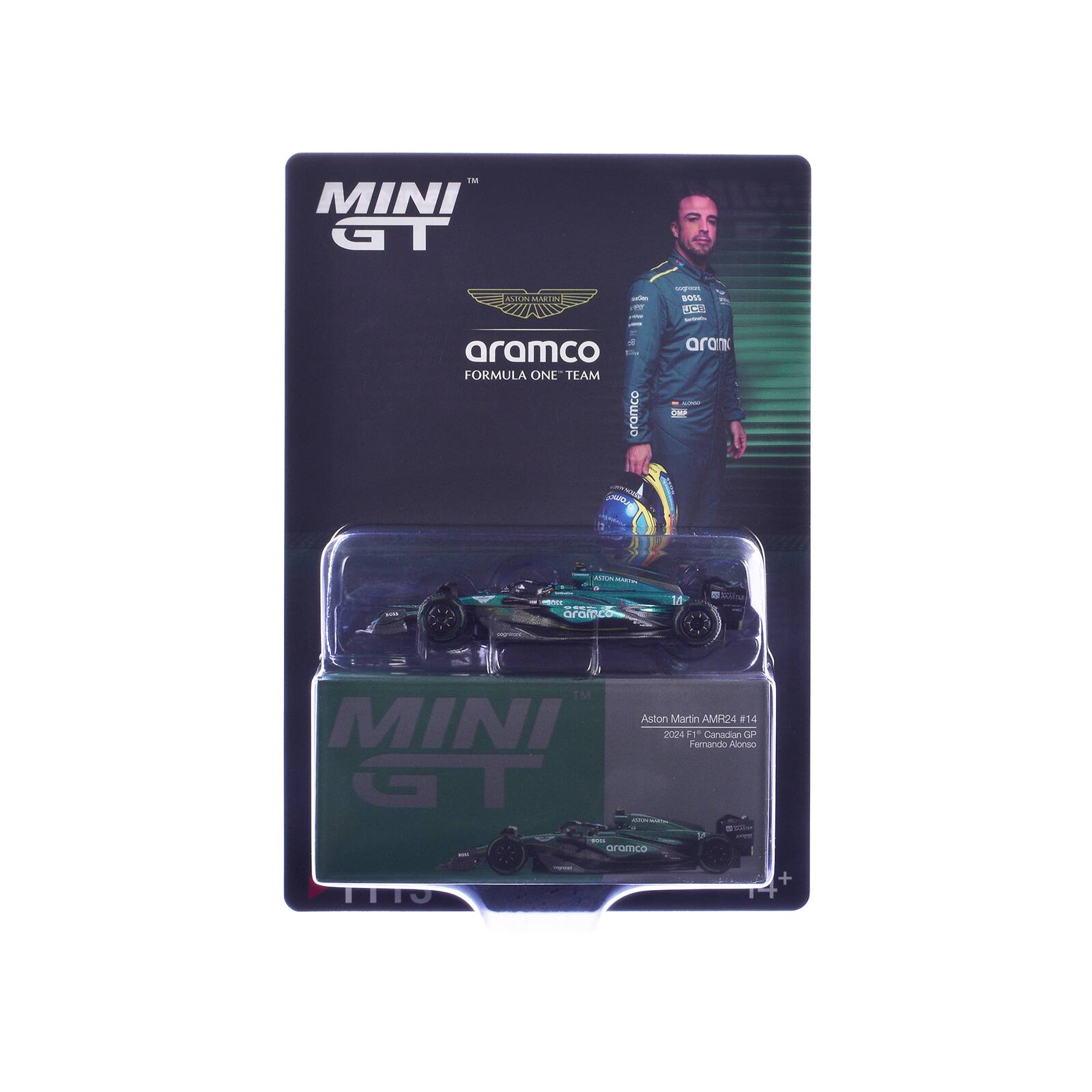 MINI GT  
Aramco Formula One Team  

Aston Martin AMR24 #14  
2023 F1  
Fernando Alonso
