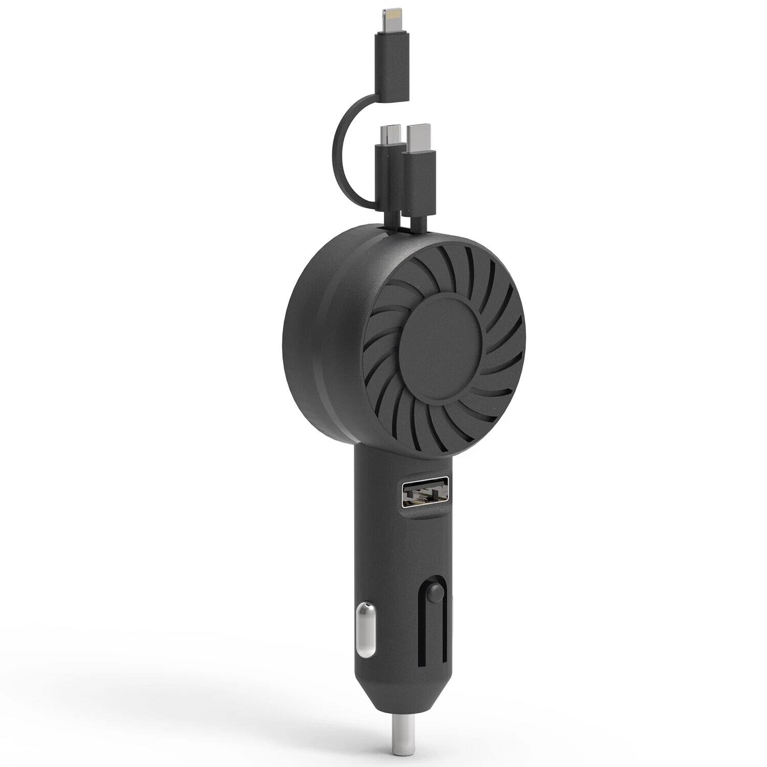Angle. Stock Preferred - 3-in-1 Retractable Car Charger with USB Type-C Fast Charging Adapter - Black.