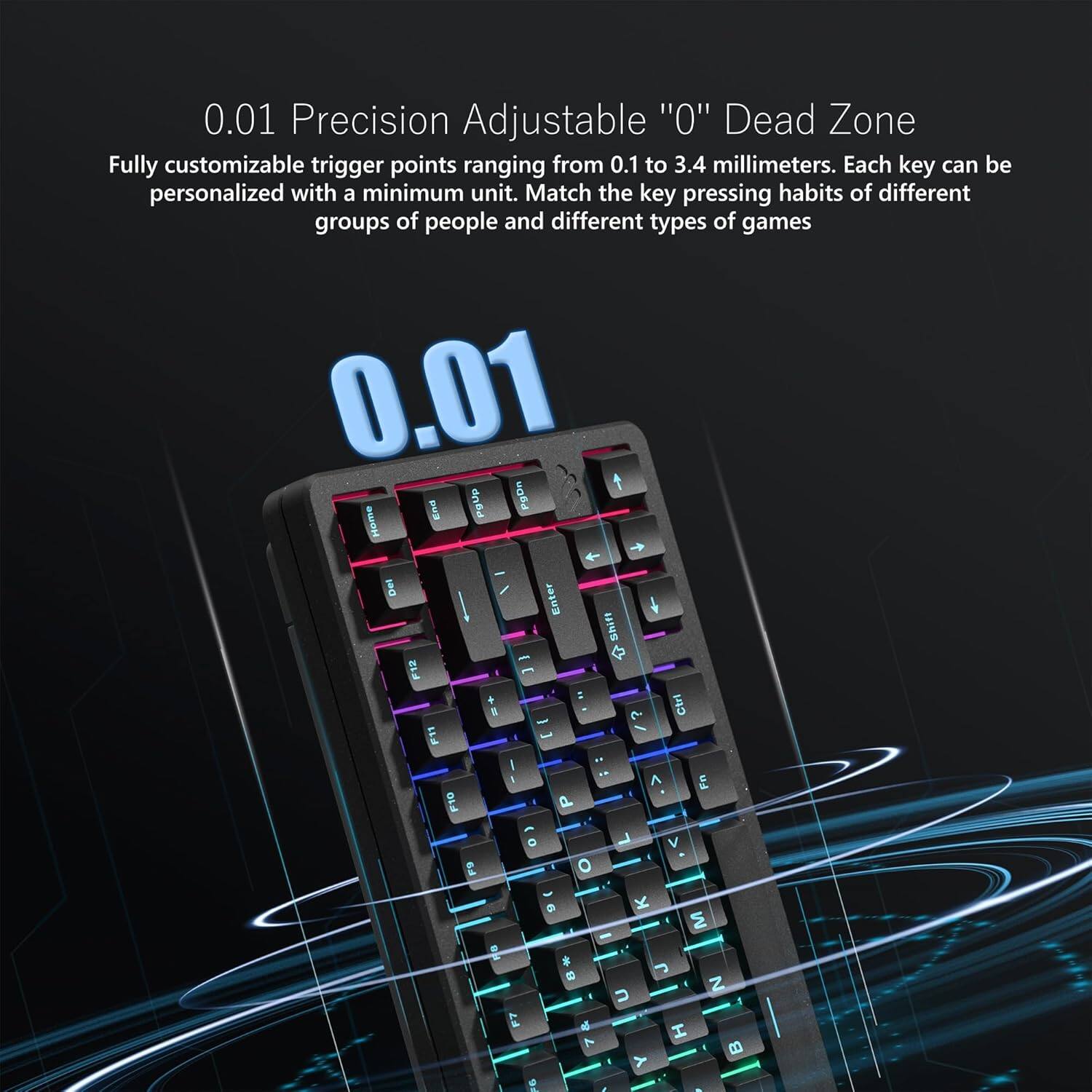 0.01 Precision Adjustable "0" Dead Zone  
Fully customizable trigger points ranging from 0.1 to 3.4 millimeters. Each key can be personalized with a minimum unit. Match the key pressing habits of different groups of people and different types of games