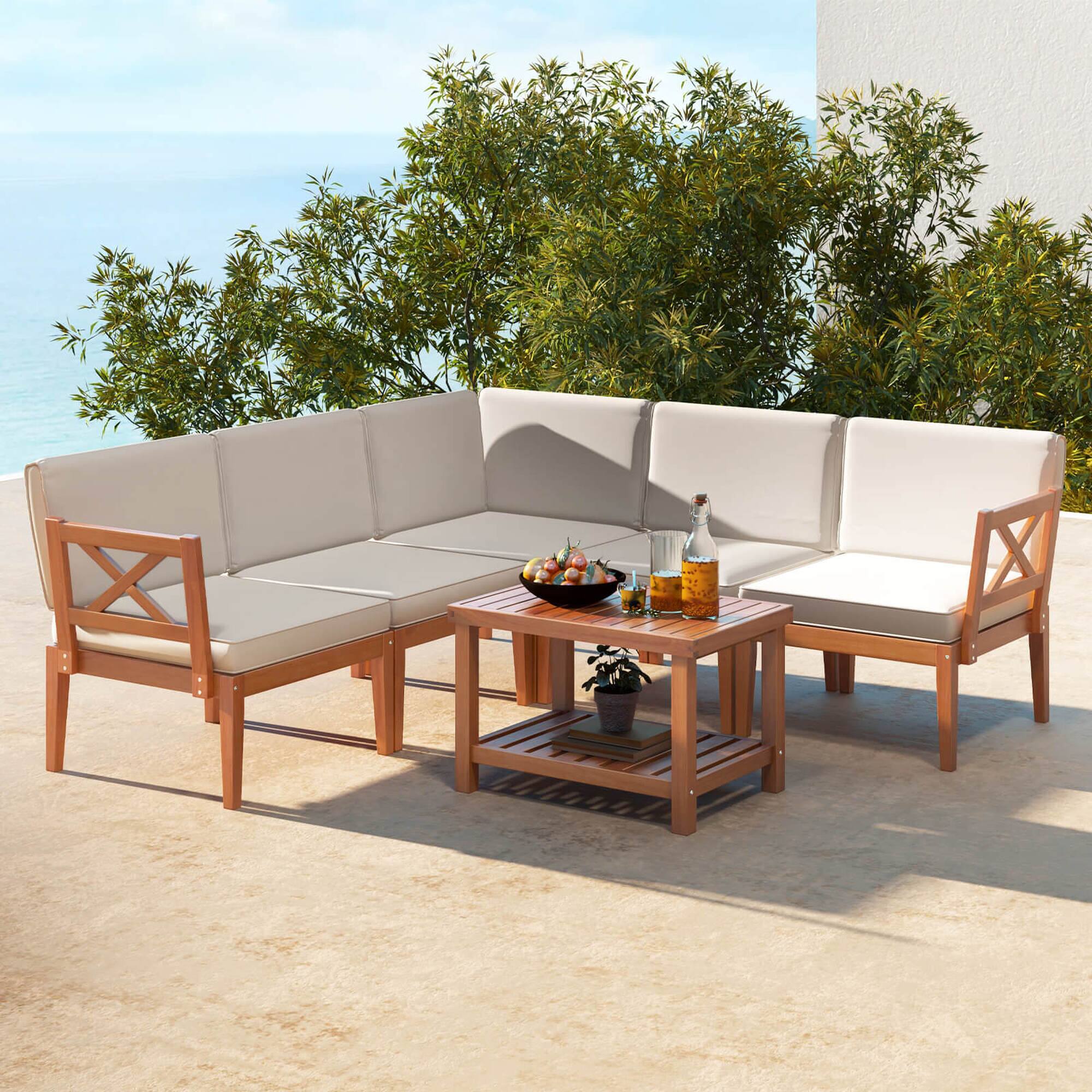 Alt View 4. Costway - 6 PCS Acacia Wood Patio Furniture Set with Cushions and 2-Tier Coffee Table - Off White,Natural.