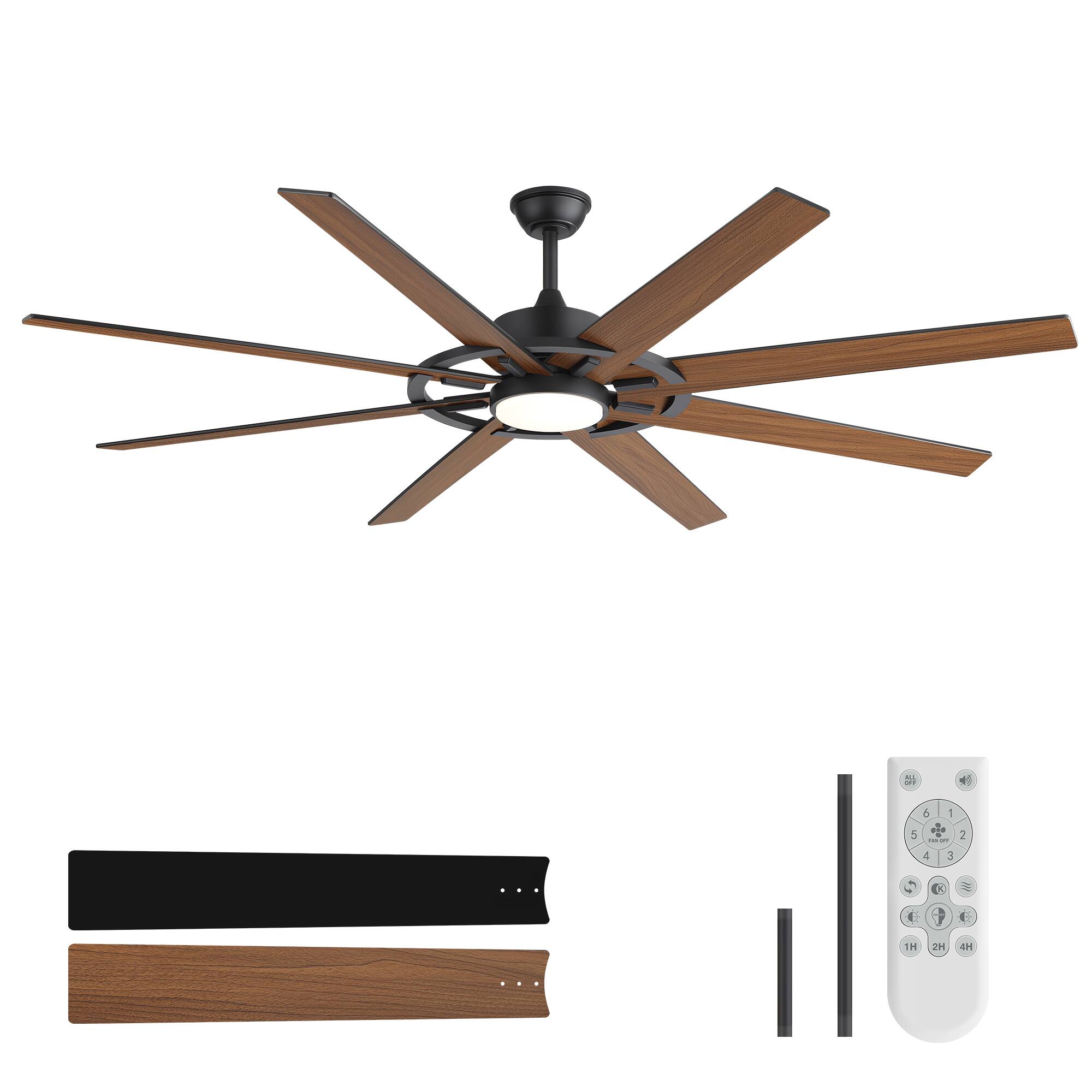 Left. Breezary - 72-Inch Ceiling Fan with LED Light, 8 Plywood Blades, 6-Speed Remote, Timer, Tri-Color Dimmable Light, Dual Downrods - 72-Inch Black.