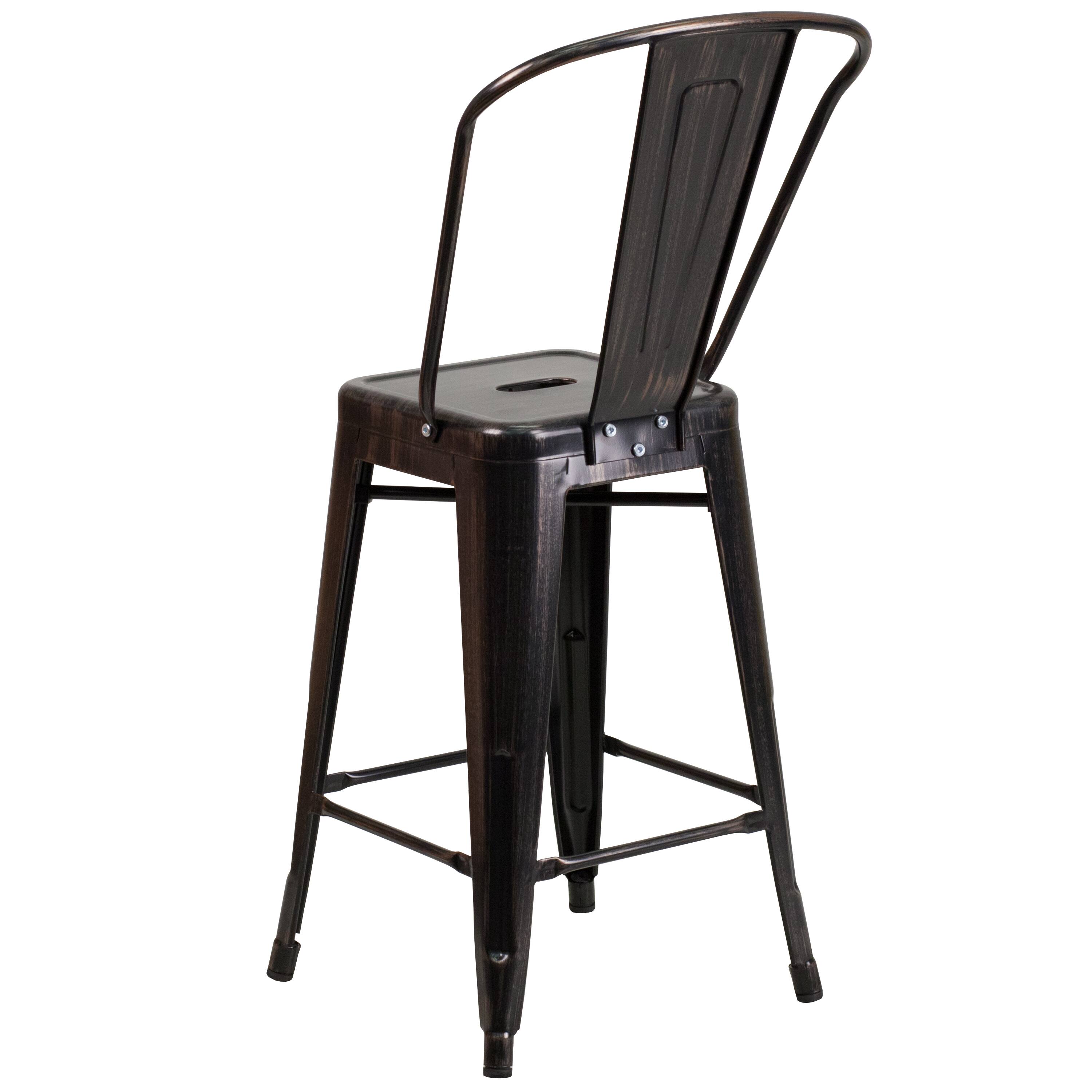 Alt View 5. Emma + Oliver - Commercial Grade 24"H Colorful Metal Indoor-Outdoor Counter Stool with Back - Black-Antique Gold.