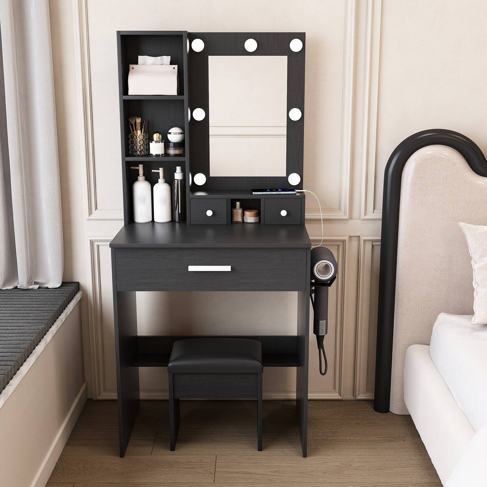 Front. Ecooso - Compact Vanity Table with Power Station, Sliding LED Mirror, Tri-Color Lighting, Stool - White.