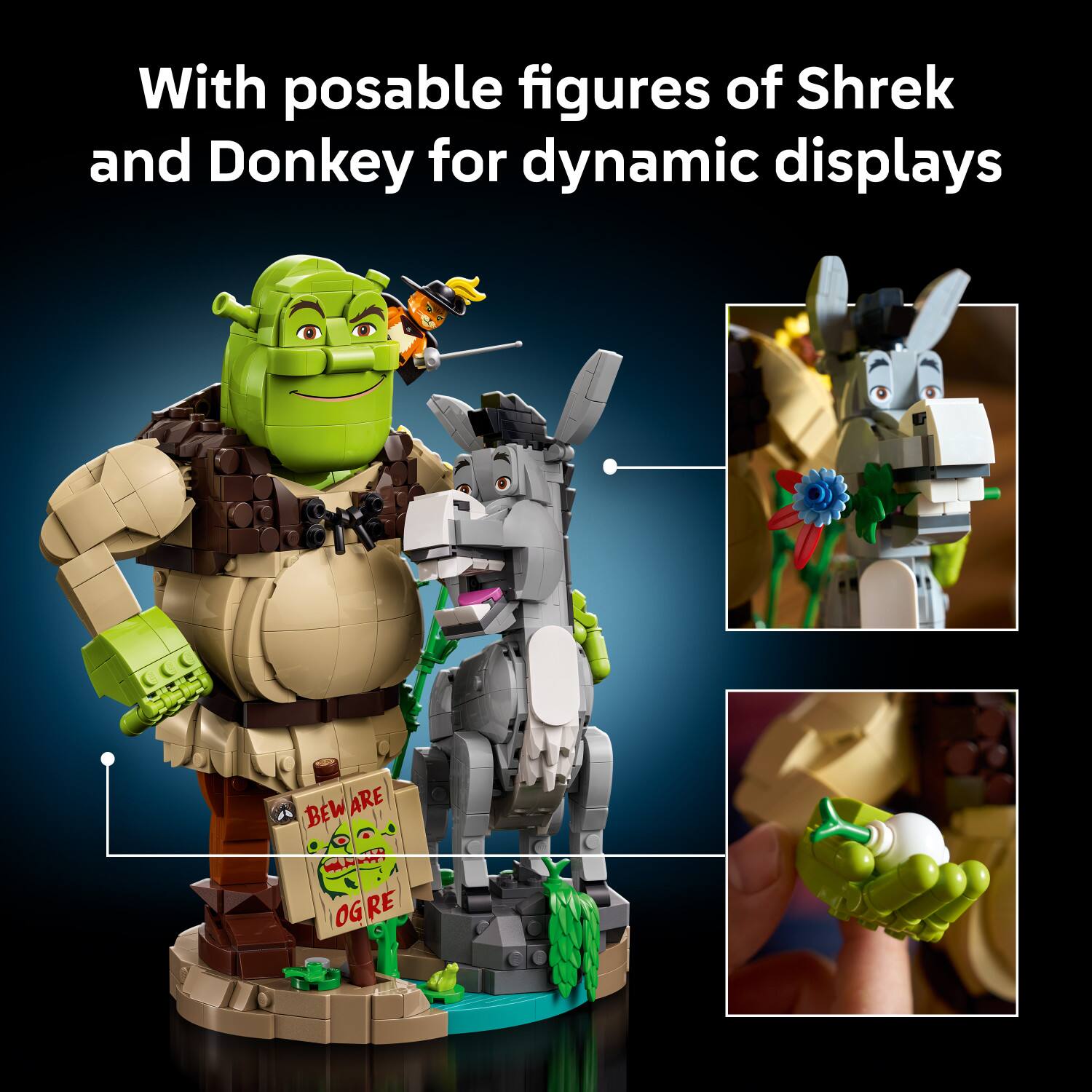 With posable figures of Shrek and Donkey for dynamic displays