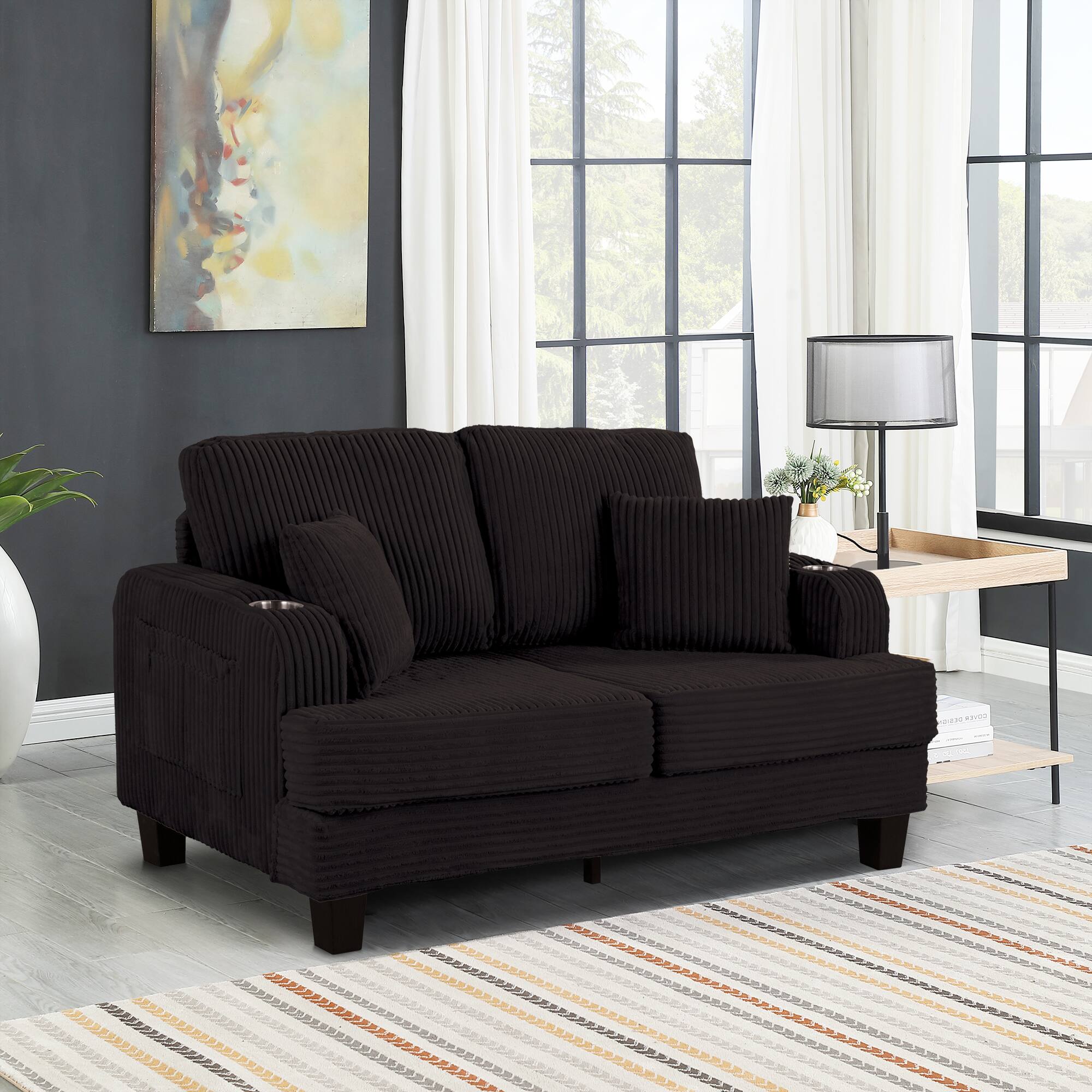 Left. Vaczon - 2-Seater Loveseat Sofa with Cup Holders and 2 Throw Pillows for Living Room or Apartment - Black.