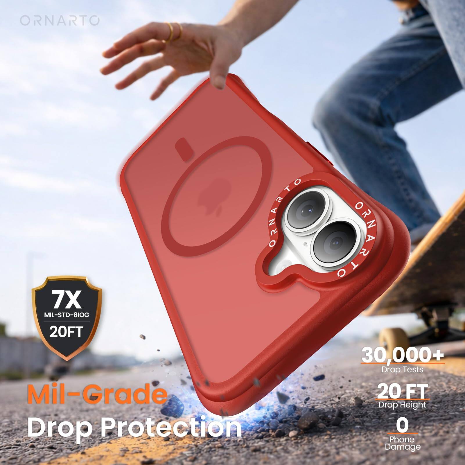 ORNARTO  
ORNARTO 7X MIL-STD-810G 20FT  
Mil-Grade Drop Protection  
30,000+ Drop Tests  
20 FT Drop Height  
0 Phone Damage