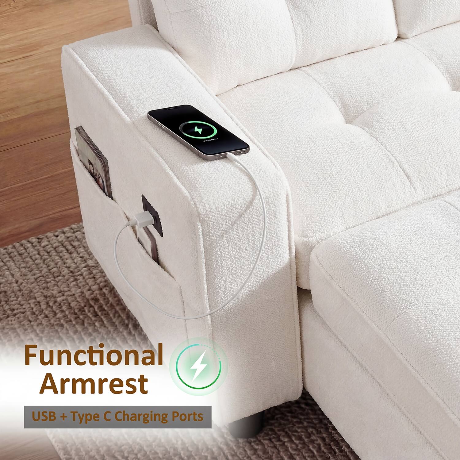 Functional Armrest  
USB + Type C Charging Ports