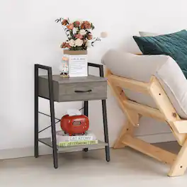 Oumilen - Set of 2 Grey Nightstands, Industrial End Tables with Fabric Drawer & Shelf - Gray