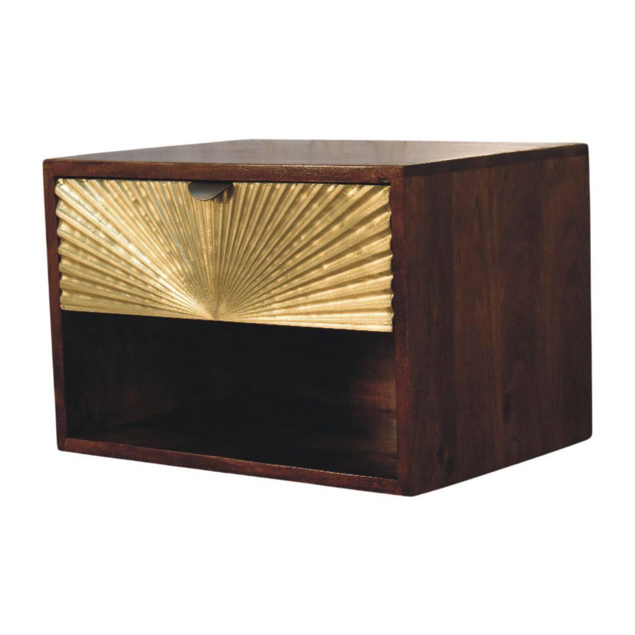 Angle. Artisan Furniture - Artisan Furniture Solid Wood Sunburst Wall-Mounted Bedside, 1 Drawer, 1 Open Shelf, Brown And Gold - Brown and Gold.