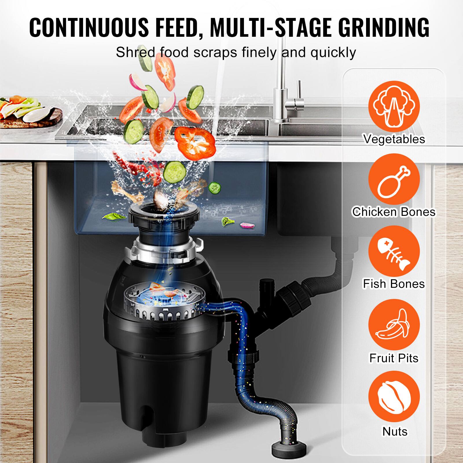 CONTINUOUS FEED, MULTI-STAGE GRINDING  
Shred food scraps finely and quickly  
Vegetables  
Chicken Bones  
Fish Bones  
Fruit Pits  
Nuts