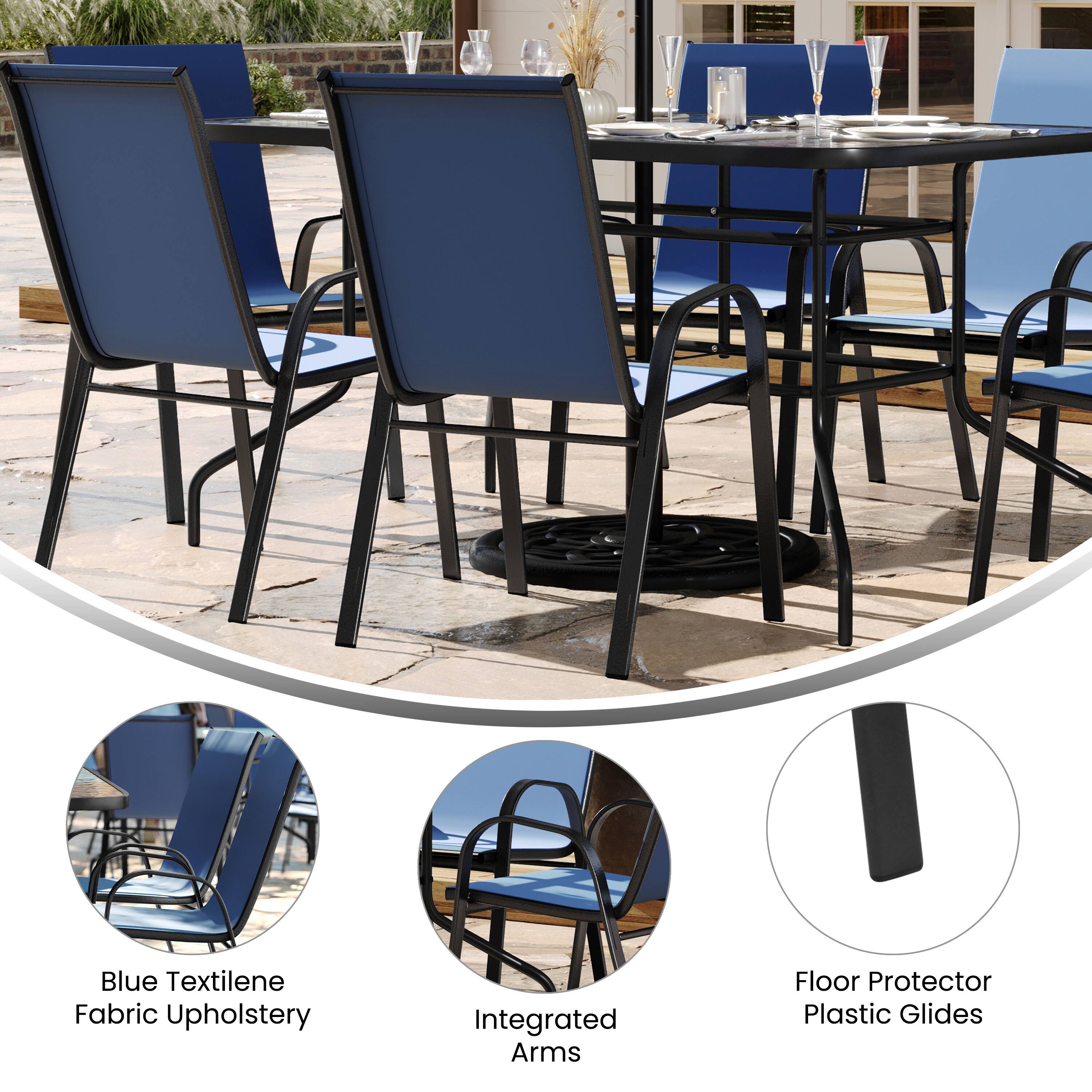 Blue Textilene Fabric Upholstery  
Integrated Arms  
Floor Protector Plastic Glides