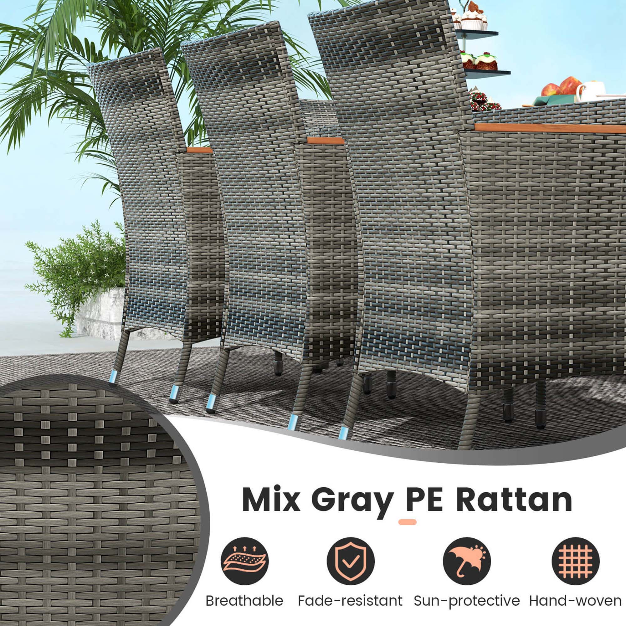 Mix Gray PE Rattan is a breathable, fade-resistant, and sun-protective hand-woven material.