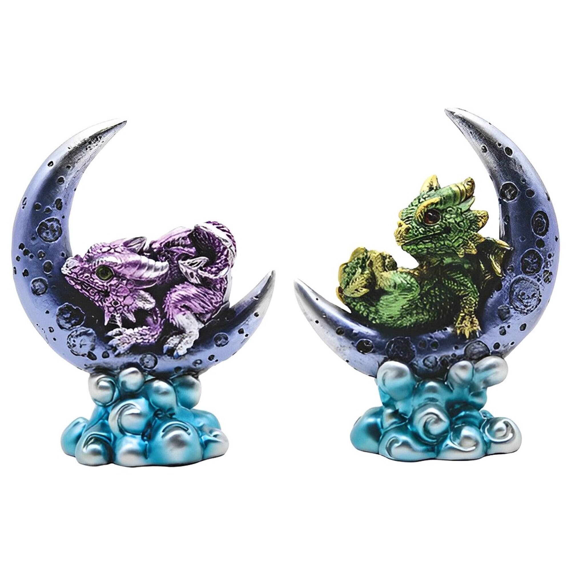 FC Design - 2-PC Set 4"H Twin Dragon Brothers on Moons Figurine Computer Desk Tabletop Decoration - Multi-Color
