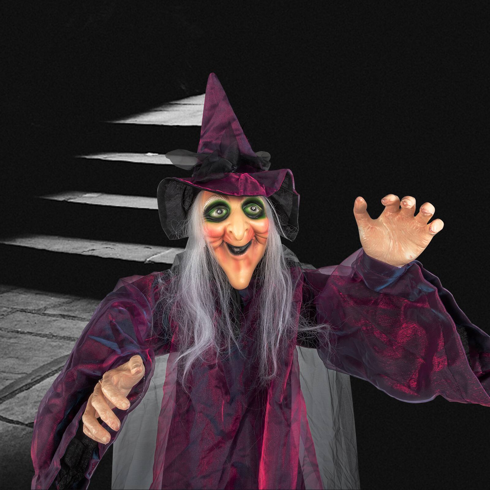 Alt View 3. Sunoyar - 71" Life Size Hanging Witch Decoration, Animated Talking Halloween Prop with Sound, Indoor/Outdoor Haunted House Decor - Purple.