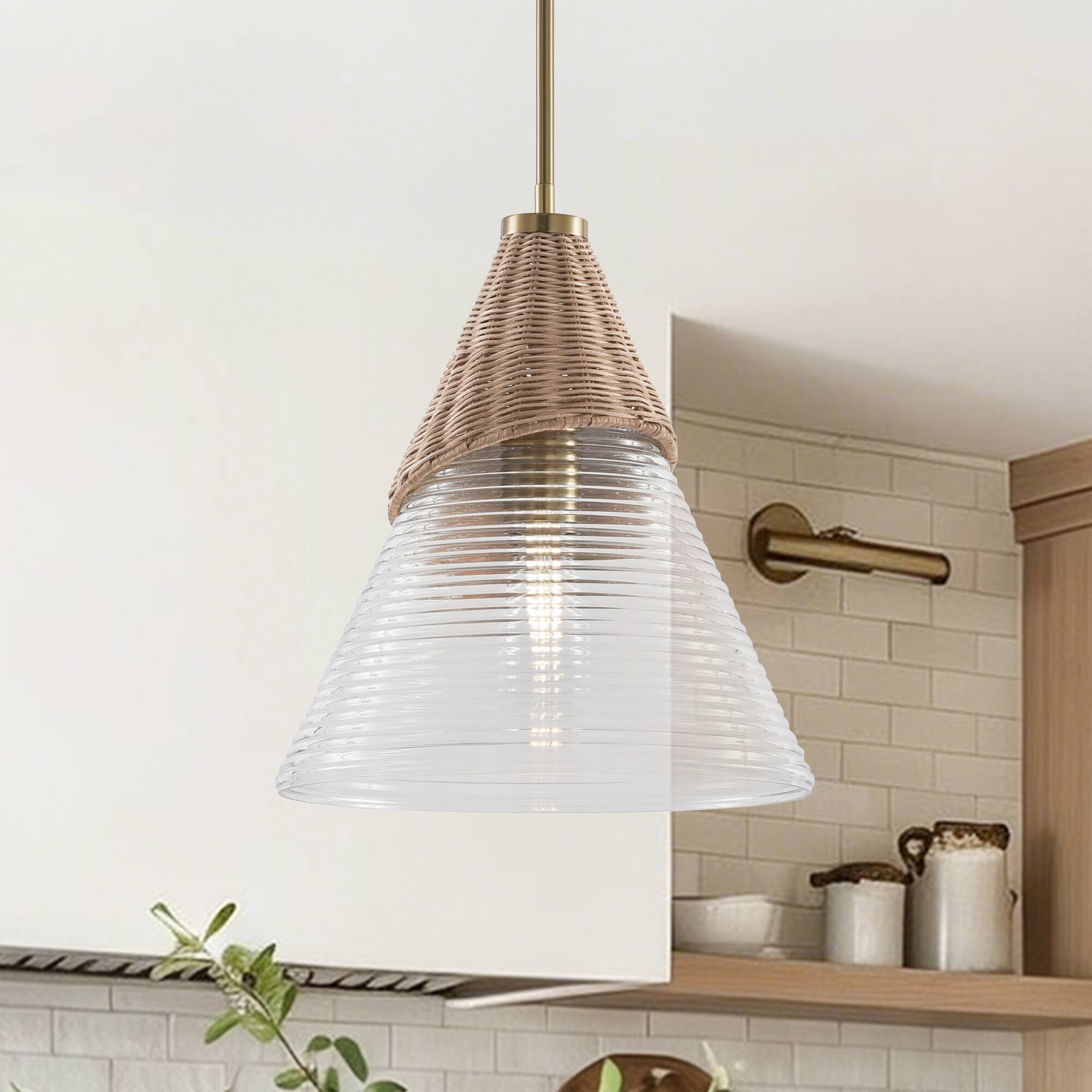 Alt View 2. Parrot Uncle - 1-Light Natural Modern Brass Hand-Woven Rattan Hanging Lamp Pendant Light - Brass.