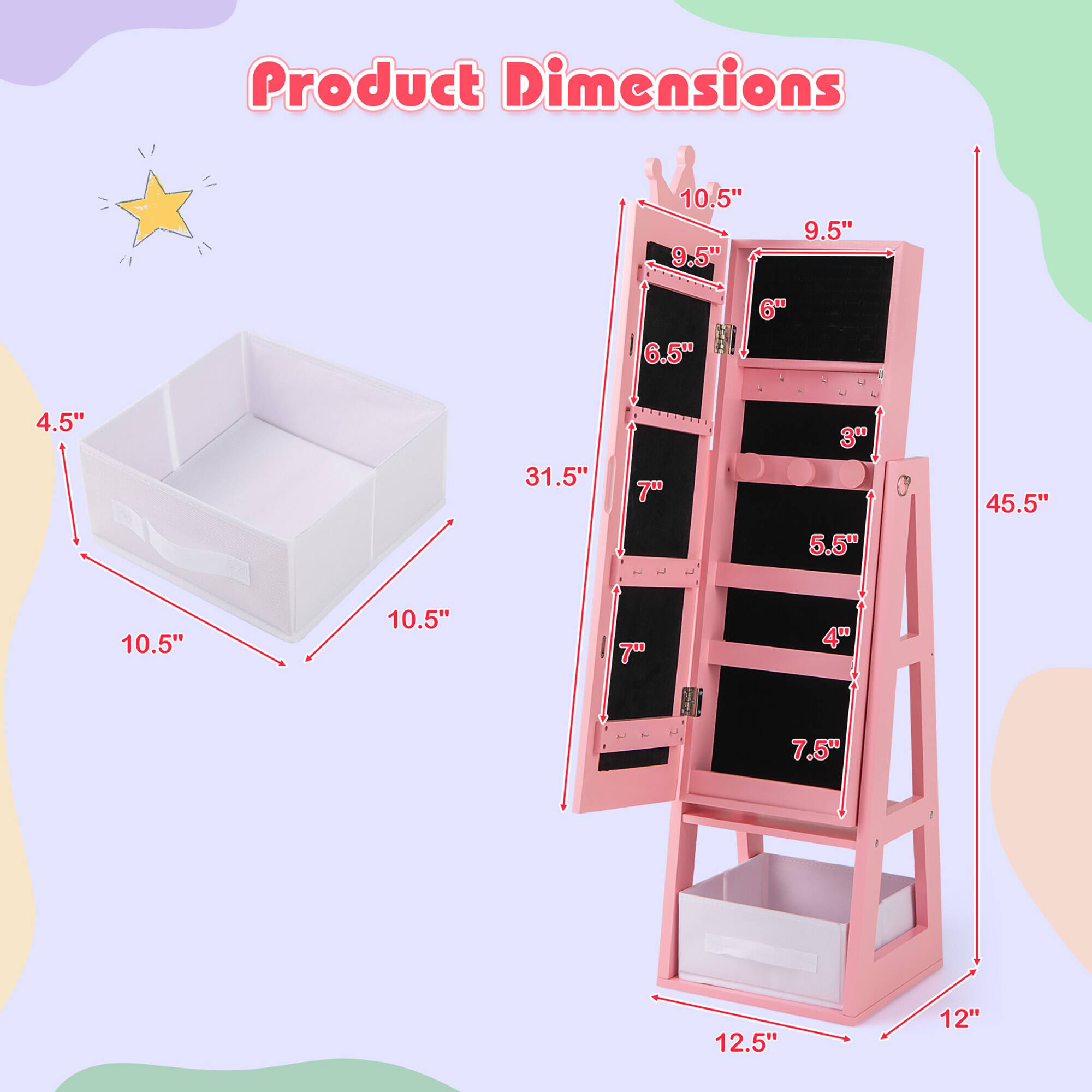 Product Dimensions

- 10.5" x 10.5" x 4.5"
- 9.5" x 6.5" x 6"
- 9.5" x 7" x 3"
- 9.5" x 7.5" x 4"
- 45.5" x 12" x 12.5"
- 31.5"