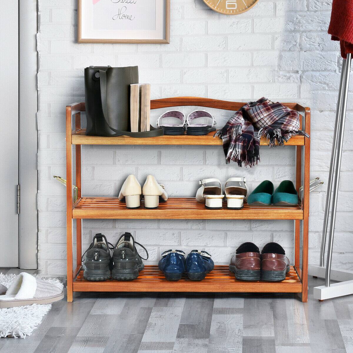 Alt View 1. Ecooso - 3-Tier Acacia Wood Shoe Rack with Side Metal Hooks - Natural.