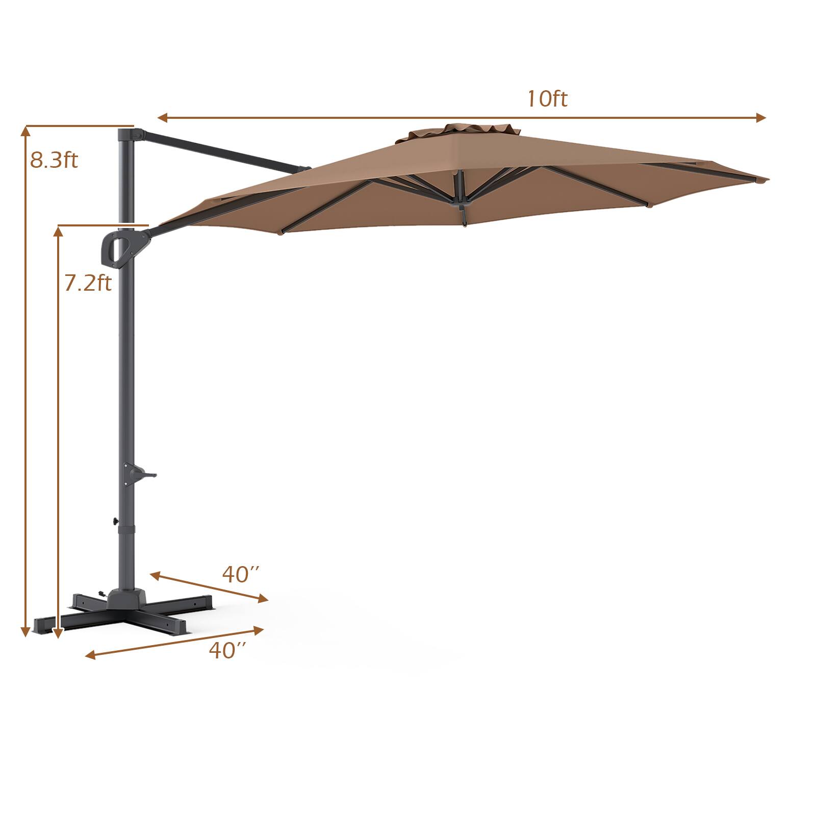 10ft, 8.3ft, 7.2ft, 40", 40"