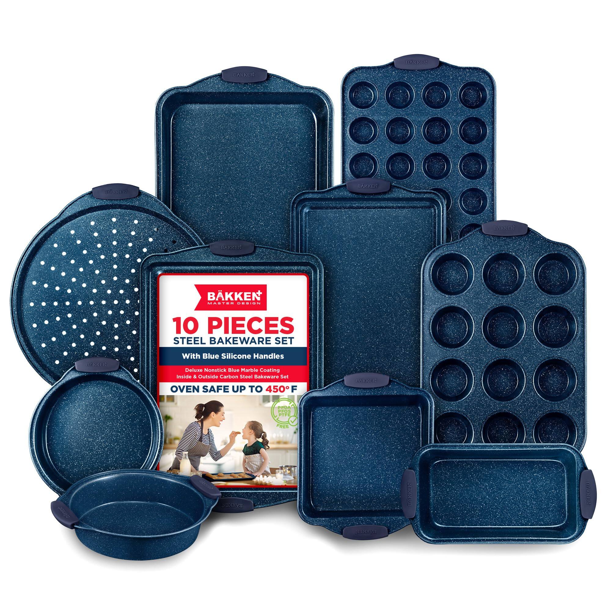 BAKKEN 10 PIECES STEEL BAKEWARE SET With Blue Silicone Handles Deluxe Nonstick Blue Marble Coating Inside & Outside Carbon Steel Bakeware Set Oven Safe Up To 450°F