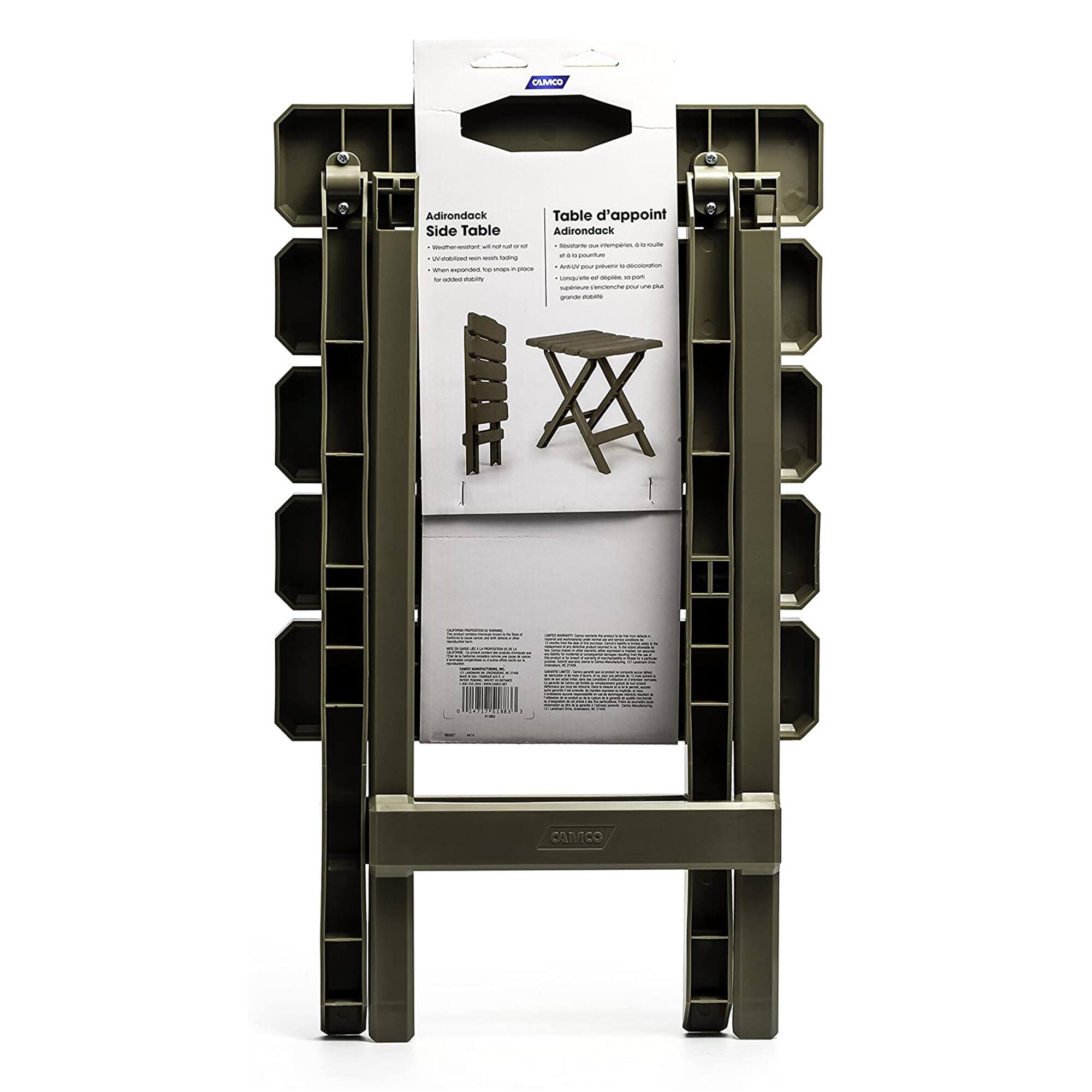 Sure, here is the corrected and grouped text:

---

**CAMCO**

**Adirondack Side Table**

- Weather-resistant, not rust
- When assembled, top is in place for added stability

**Table d'appoint Adirondack**

- Table d'appoint en métal, 60 x 60 cm
- Idéal pour les terrasses et les jardins
- Facile à assembler
- Conservez-le plié pour un rangement facile
- Plaque de protection pour une surface plus grande

---

This text is from the packaging of the Adirondack Side Table by CAMCO.
