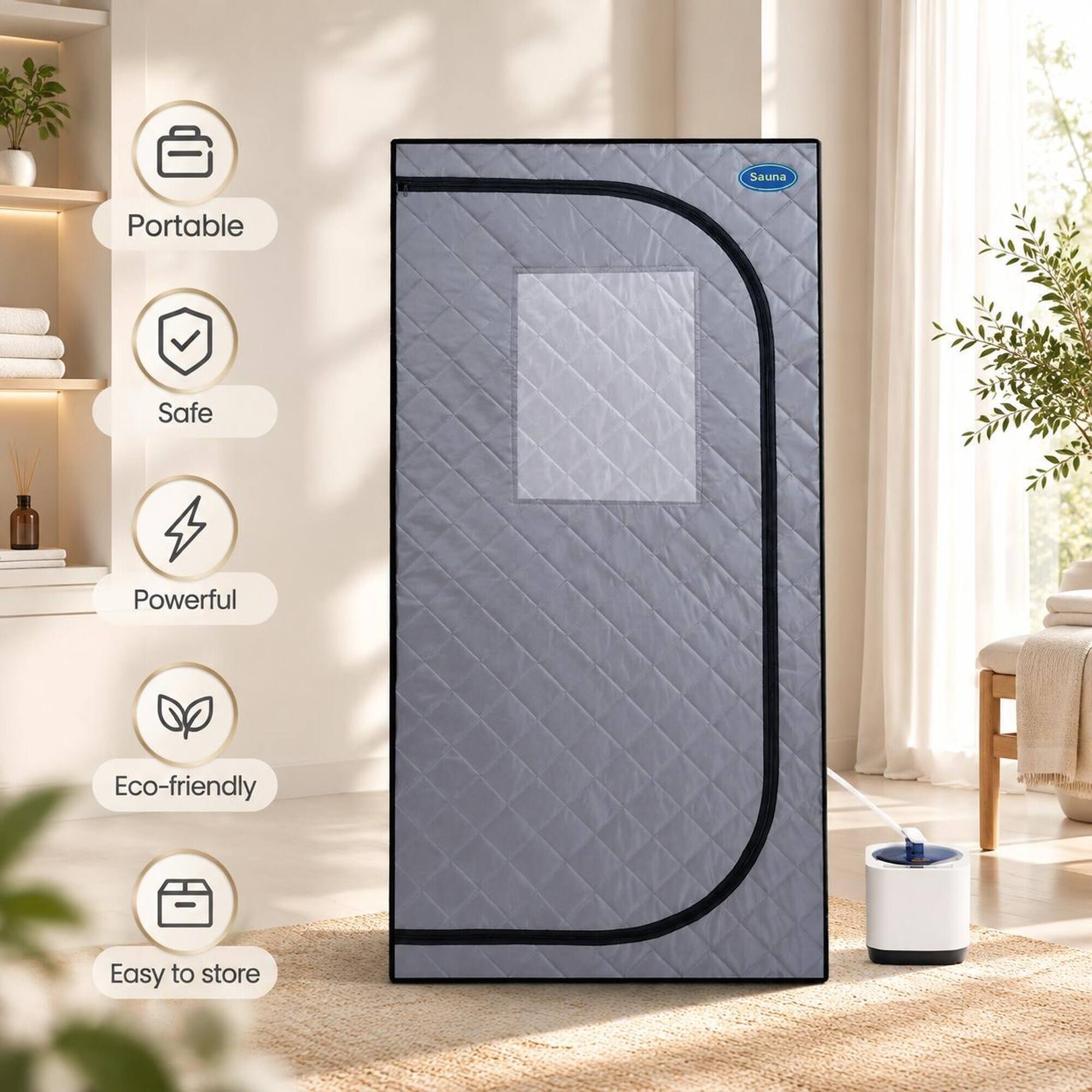 Sauna  
Portable  
Safe  
Powerful  
Eco-friendly  
Easy to store