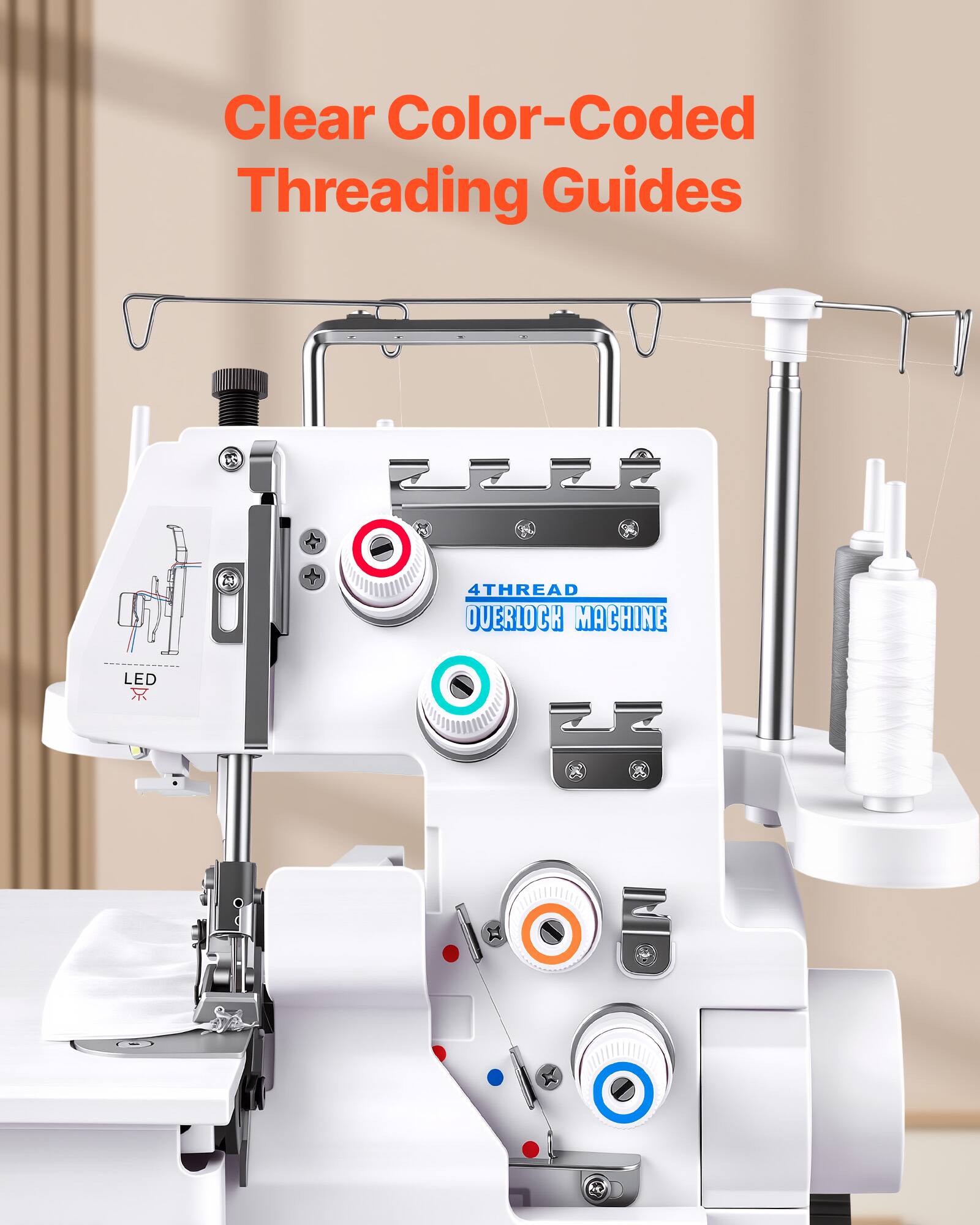 Clear Color-Coded Threading Guides

THREAD OVERLOCK MACHINE