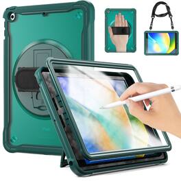 Dteck - Rugged Case for Apple iPad (9th Generation) 10.2" 2021 Built-in Screen Protector, Shockproof Kickstand Cover with Strap - Darkgreen