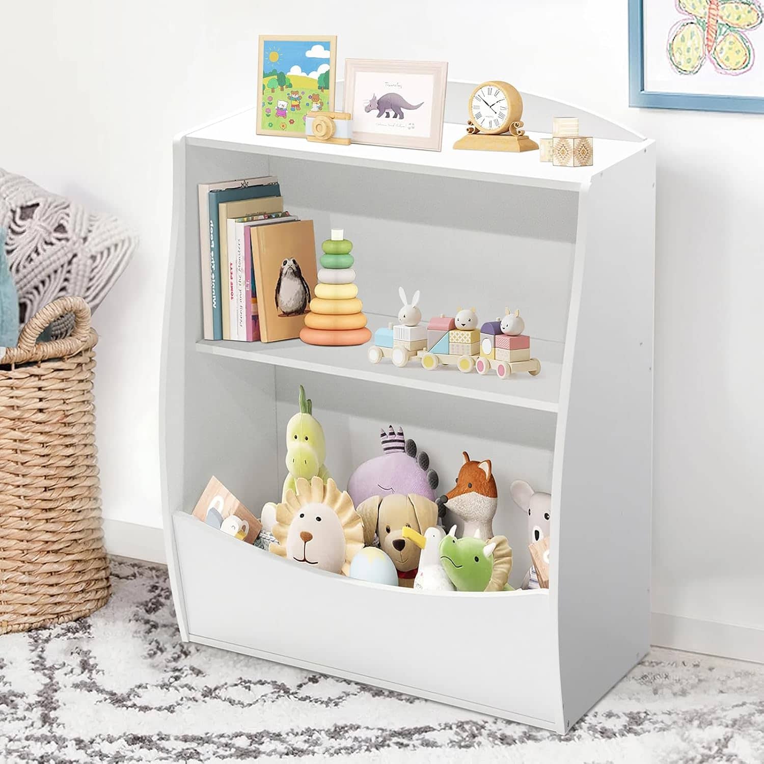 Homhougo - 2-Tier Kids Toy Storage Organizer with Bookshelf, Wooden Book Display Shelf for Playroom, Nursery & Kids Room - White