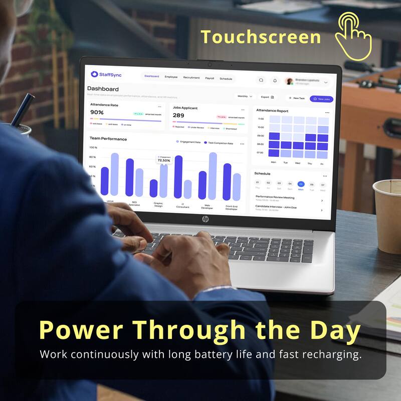 Touchscreen StaffSync Dashboard Employee Recruitment Schedule Dashboard - Attendance Rate 90% - Jobs Applicant 289 - Attendance Report - Team Performance - Schedule - Performance Review Meeting - Power Through the Day Work continuously with long battery life and fast recharging.