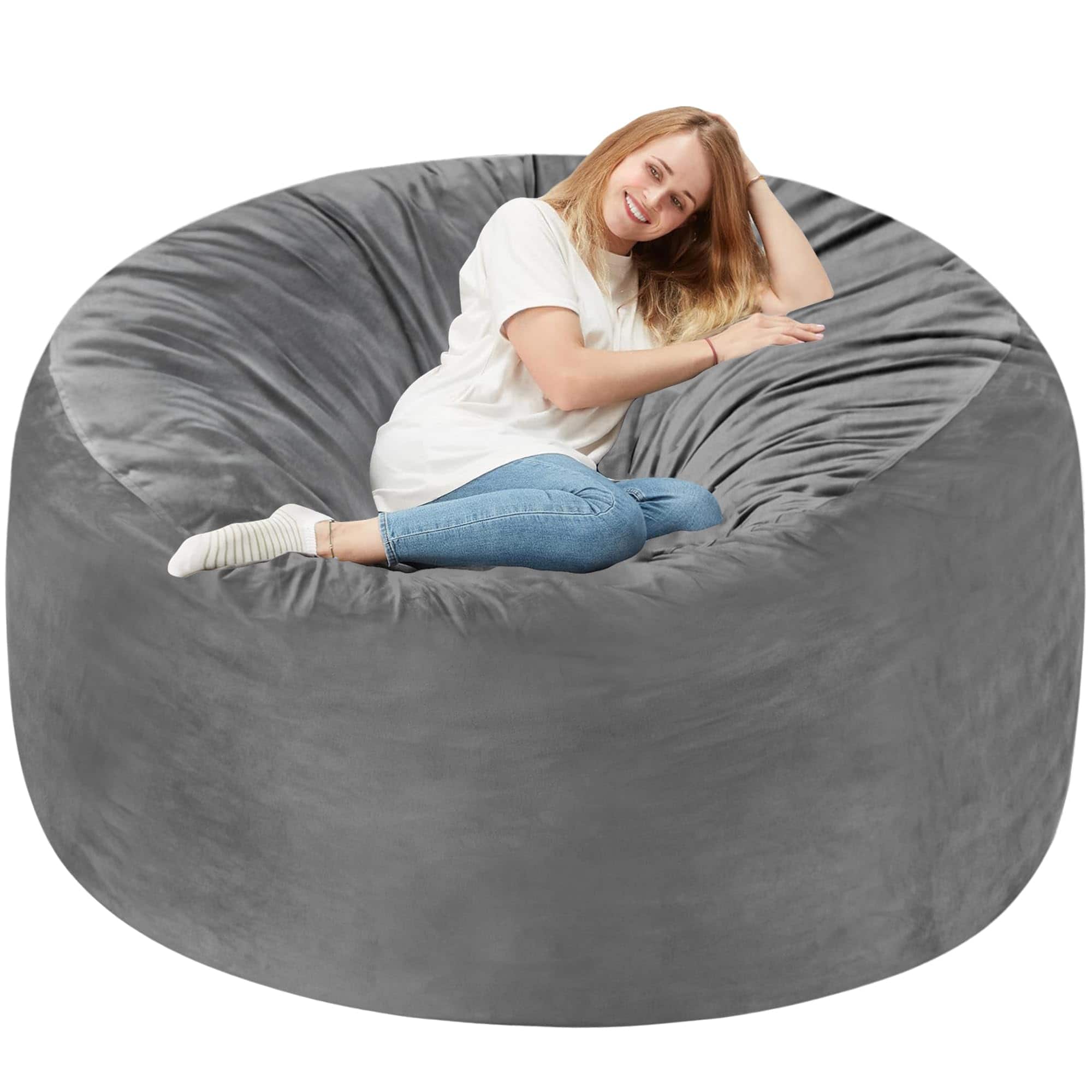 JETRANSPORT - 2ft Bean Bag Chair: 2' Bags With Memory Foam Filled Comfy Beanbag Chairs Round Sofa Dutch Cover-black - Grey 6FT-58"x58"x25"