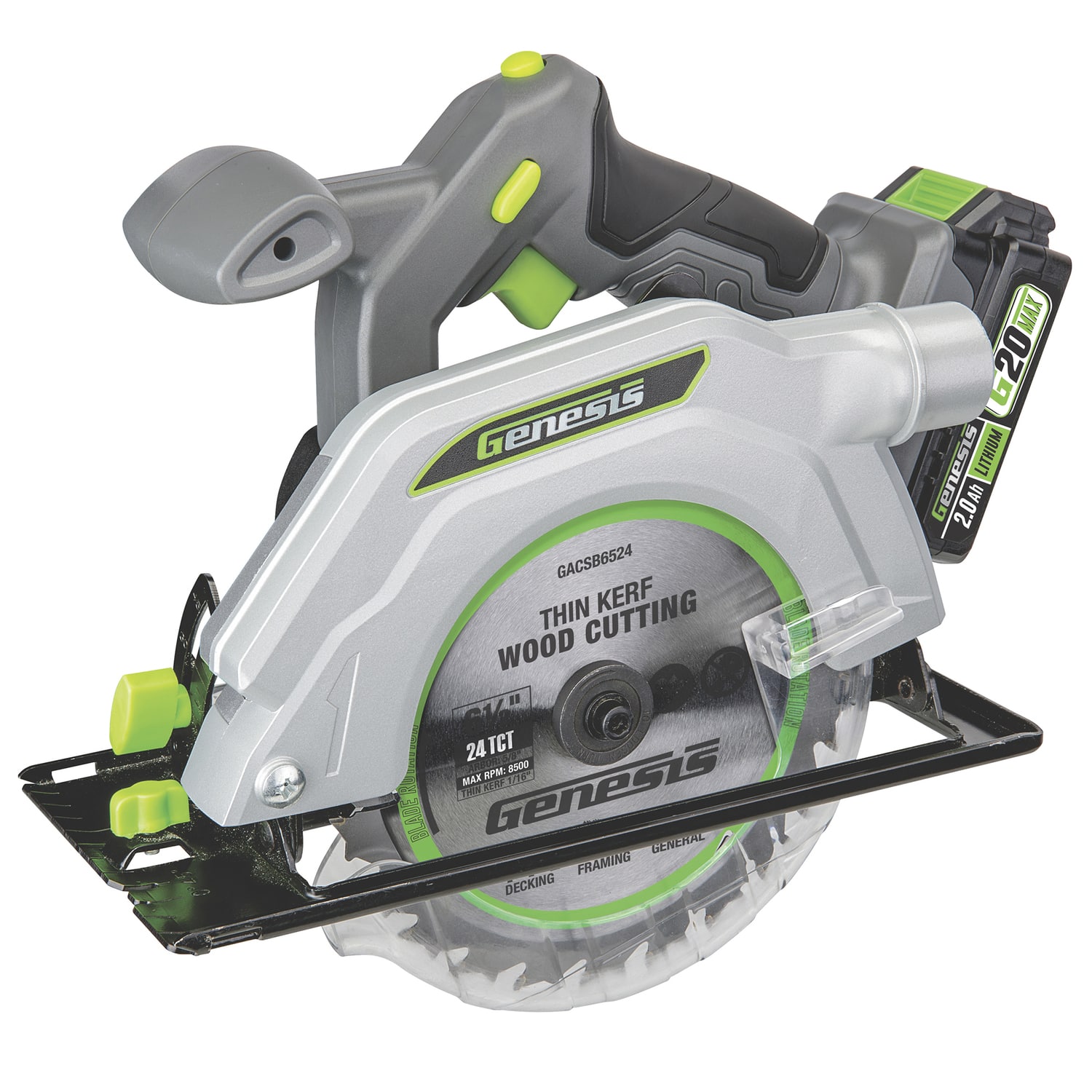 Genesis - G20Max 20V Cordless 6.5" Circular Saw with Laser, Work Light, Spindle Lock, Fuel Gauge, 2.0 Ah Battery, Charger