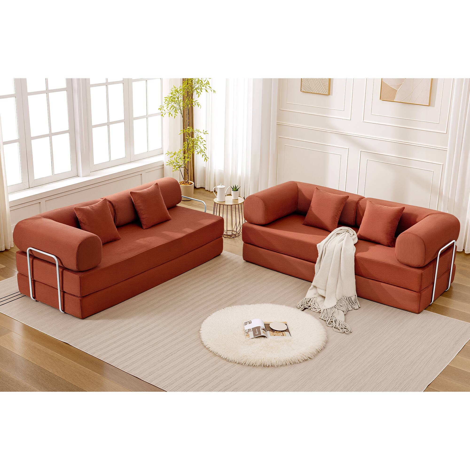 Alt View 9. KERDOM - Upholstered L Shaped Modular Sofa Bed with Chaise, Corduroy Folding Floor Convertible Sofa Couch Bed for Living Room - Pumkin Brown.