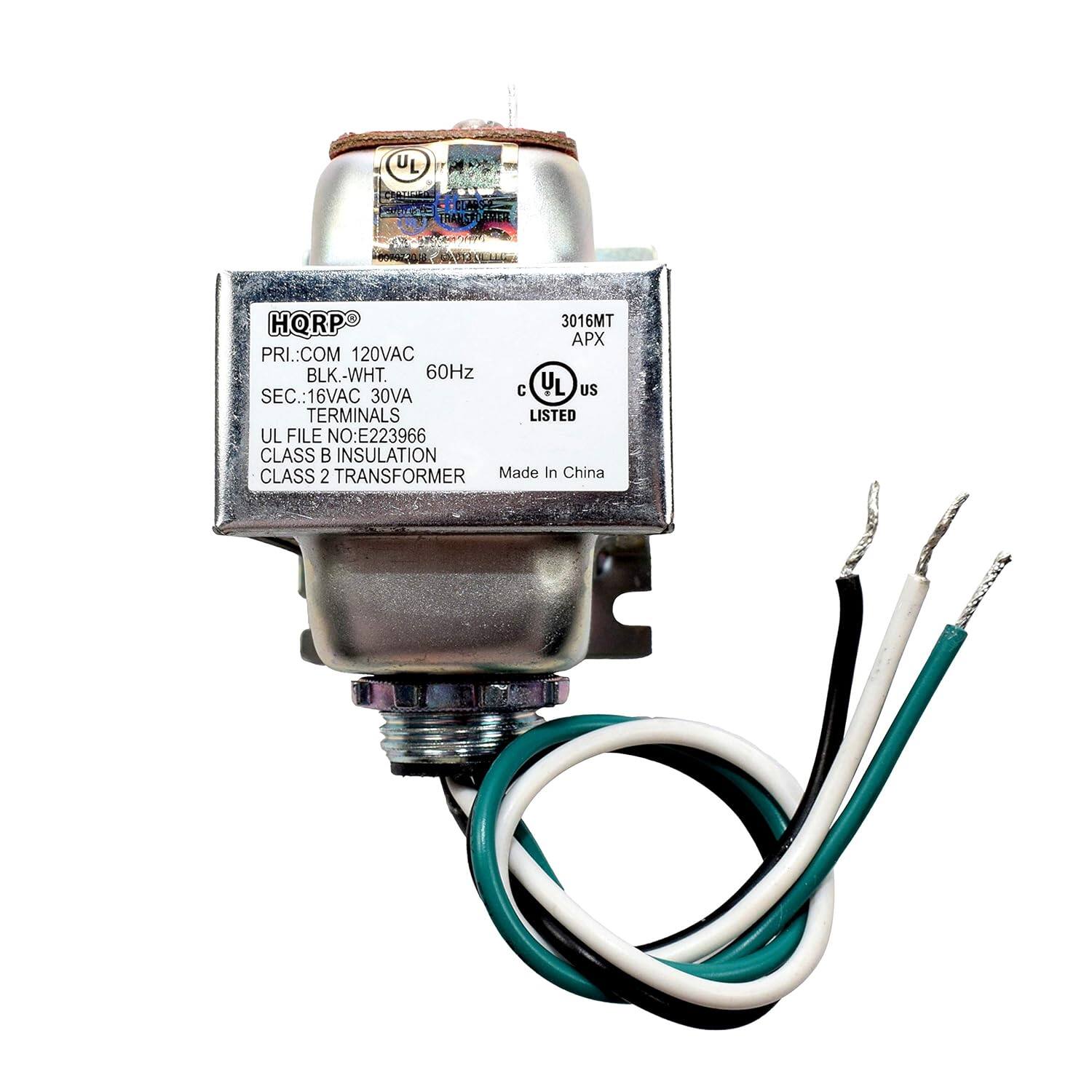 UL CLASS FRAND TI HQRP 3016MT APX  
PRI.: COM 120VAC BLK.-WHT. 60Hz  
SEC.: 16VAC 30VA  
US TERMINALS LISTED  
UL FILE NO: E223966  
CLASS B INSULATION  
CLASS 2 TRANSFORMER  
Made In China