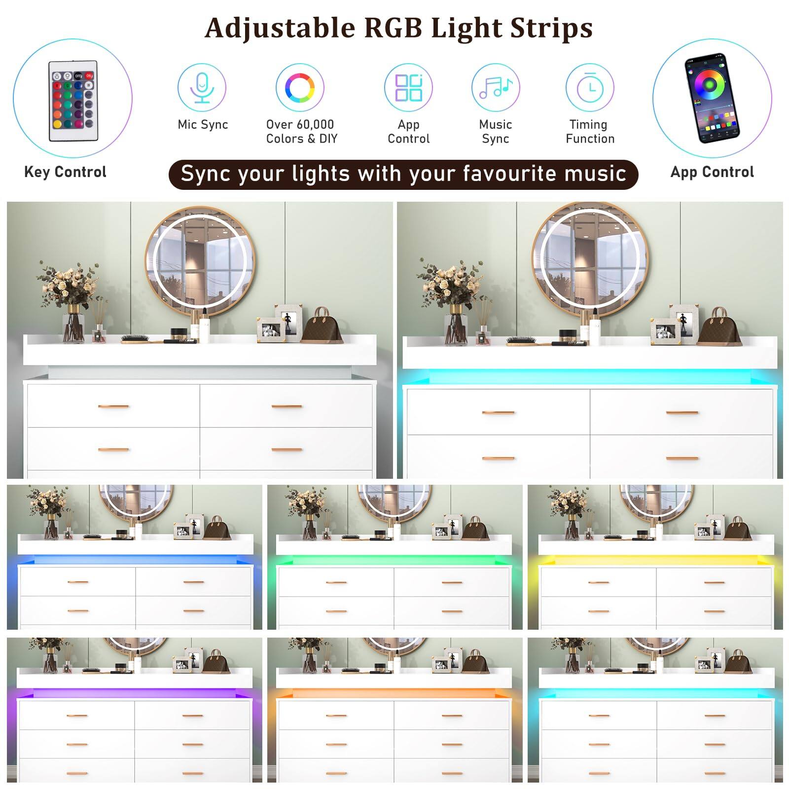 Adjustable RGB Light Strips

Key Control
Mic Sync
Over 60,000 Colors & DIY
App Control
Music Sync
Timing Function

Sync your lights with your favourite music

App Control