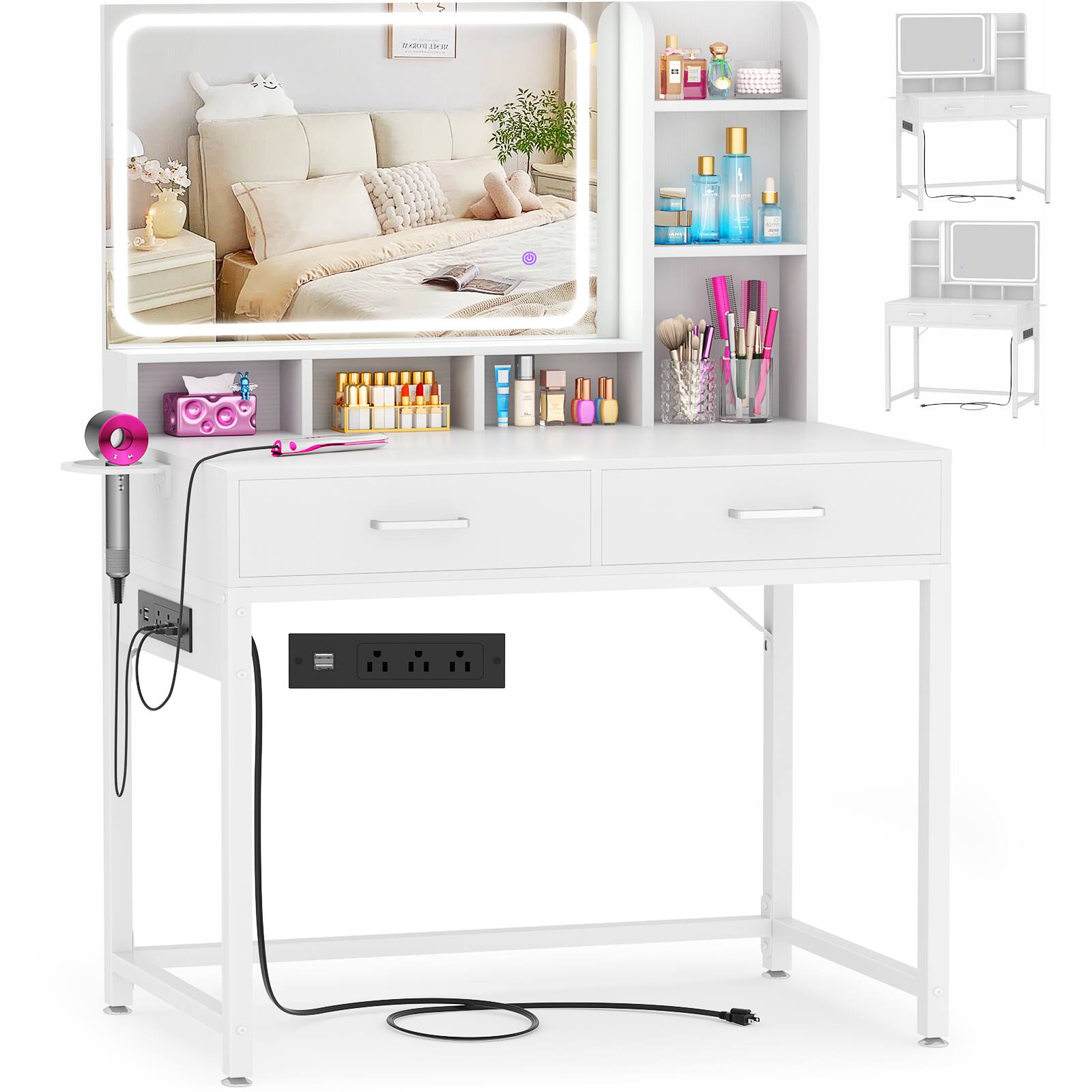 Left. Aheaplus - Makeup Vanity Desk with Lighted Mirror and Charging Station, 31.5'' Small Vanity Table with Drawers - White.