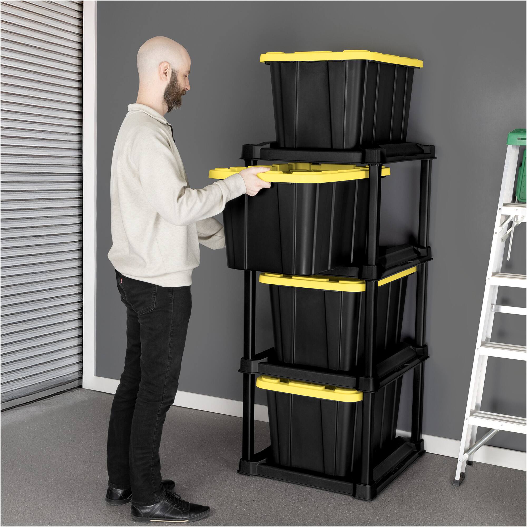 Alt View 4. Sterilite - Sterilite 4 Tier Tote Rack Organizer with 4 Pack 27 Gal Industrial Storage Totes - 27 Gallon - Black/Yellow + Tote Rack.