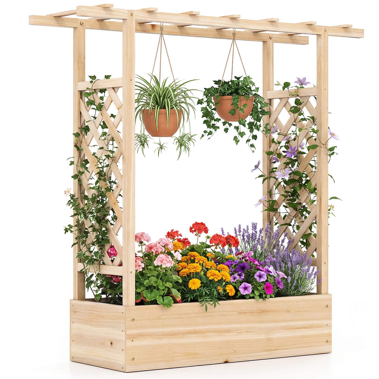 Costway - 1 PCS Wooden Raised Garden Bed with Trellis & Hanging Roof, Drainage Holes for Plants - Natural price history on PriceWatchPro